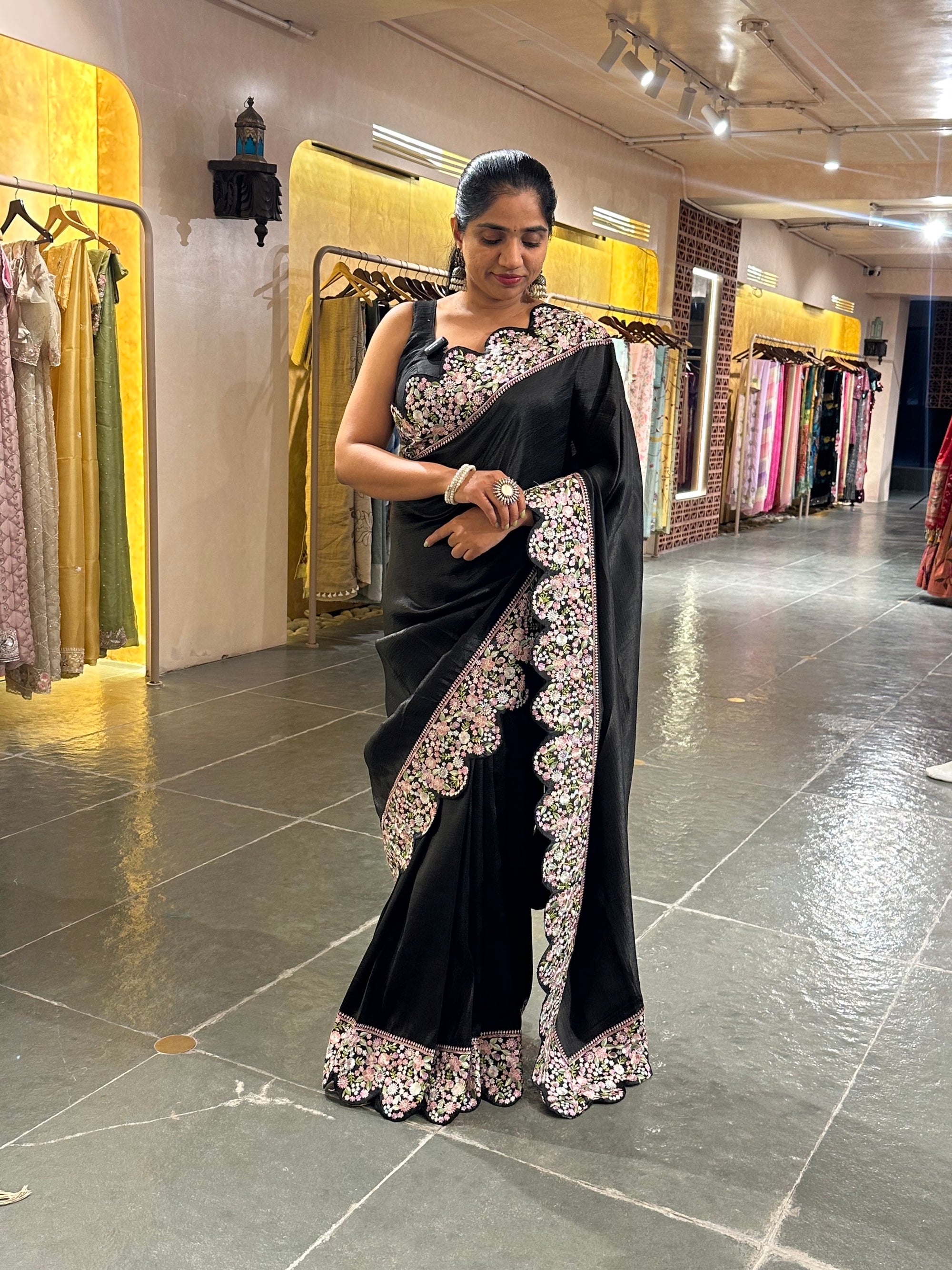 Black Crush Saree with beautiful threadwork scalloped  border