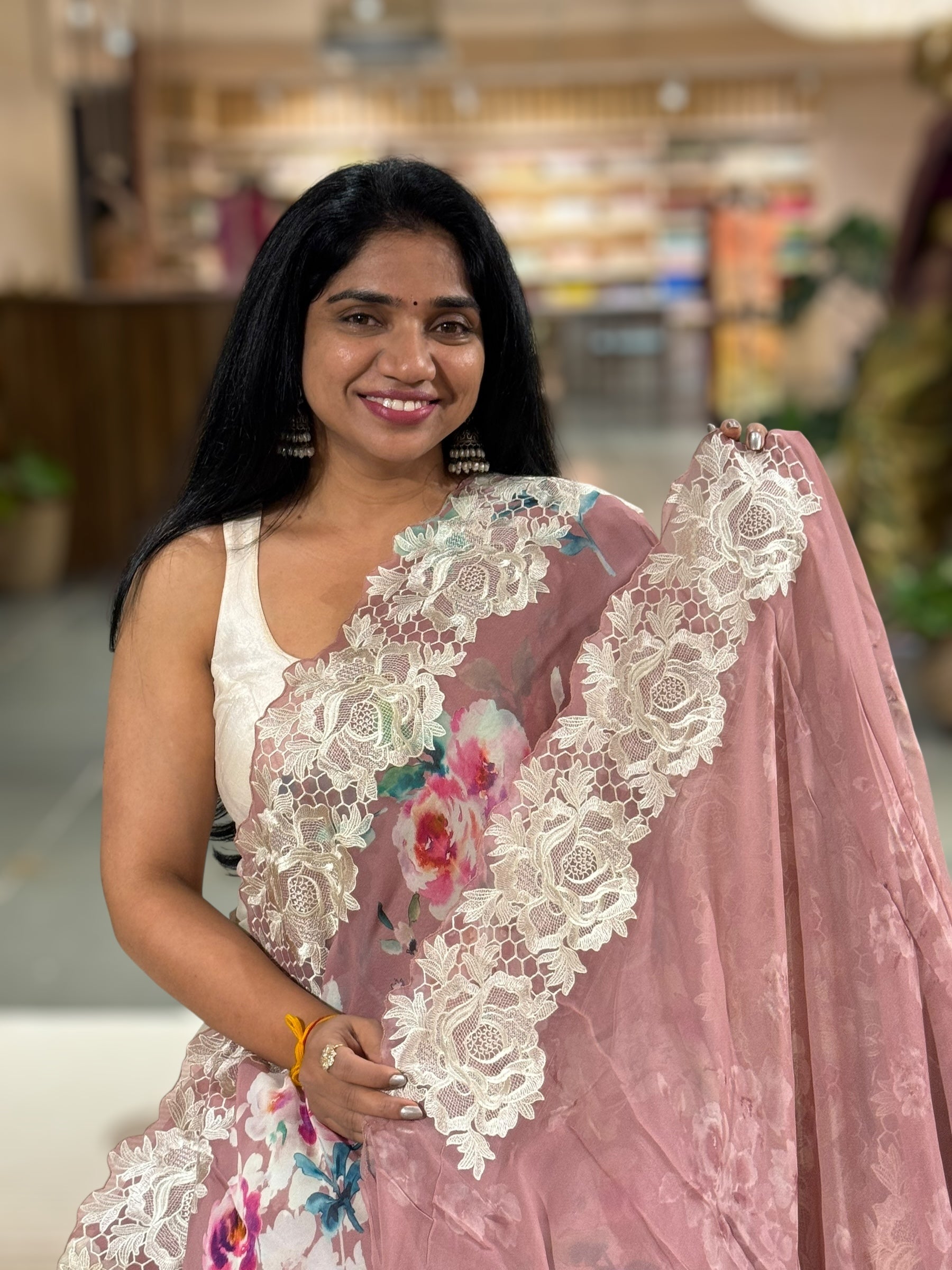 Onion Pink Gorgette  Saree With Chatilly Lace Style Cutwork embroidered Border