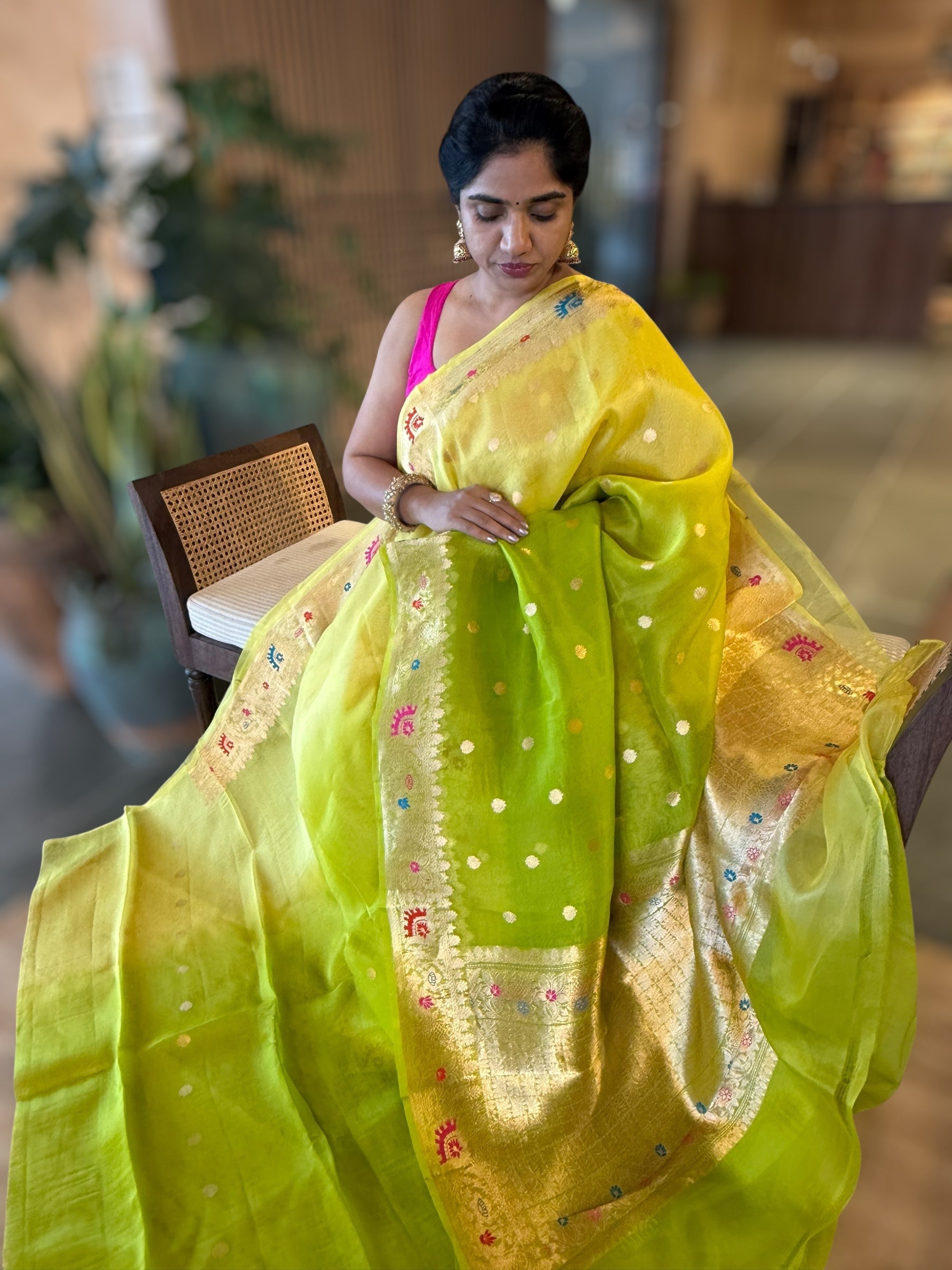 Green  Shaded Premium Kora Banarasi Saree with Meenakari Kaduwa Woven Border
