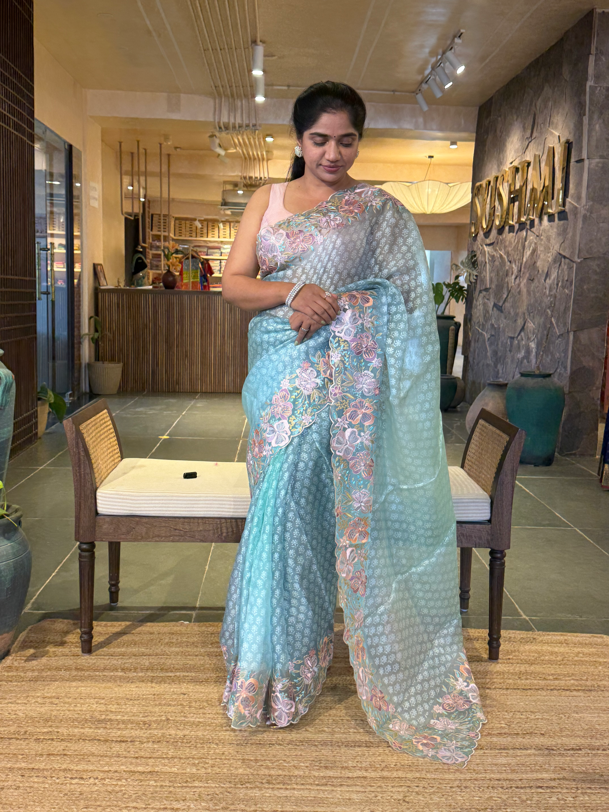 Blue Pure Organza Brasso Saree with Stunning Embroidered Border and Blouse