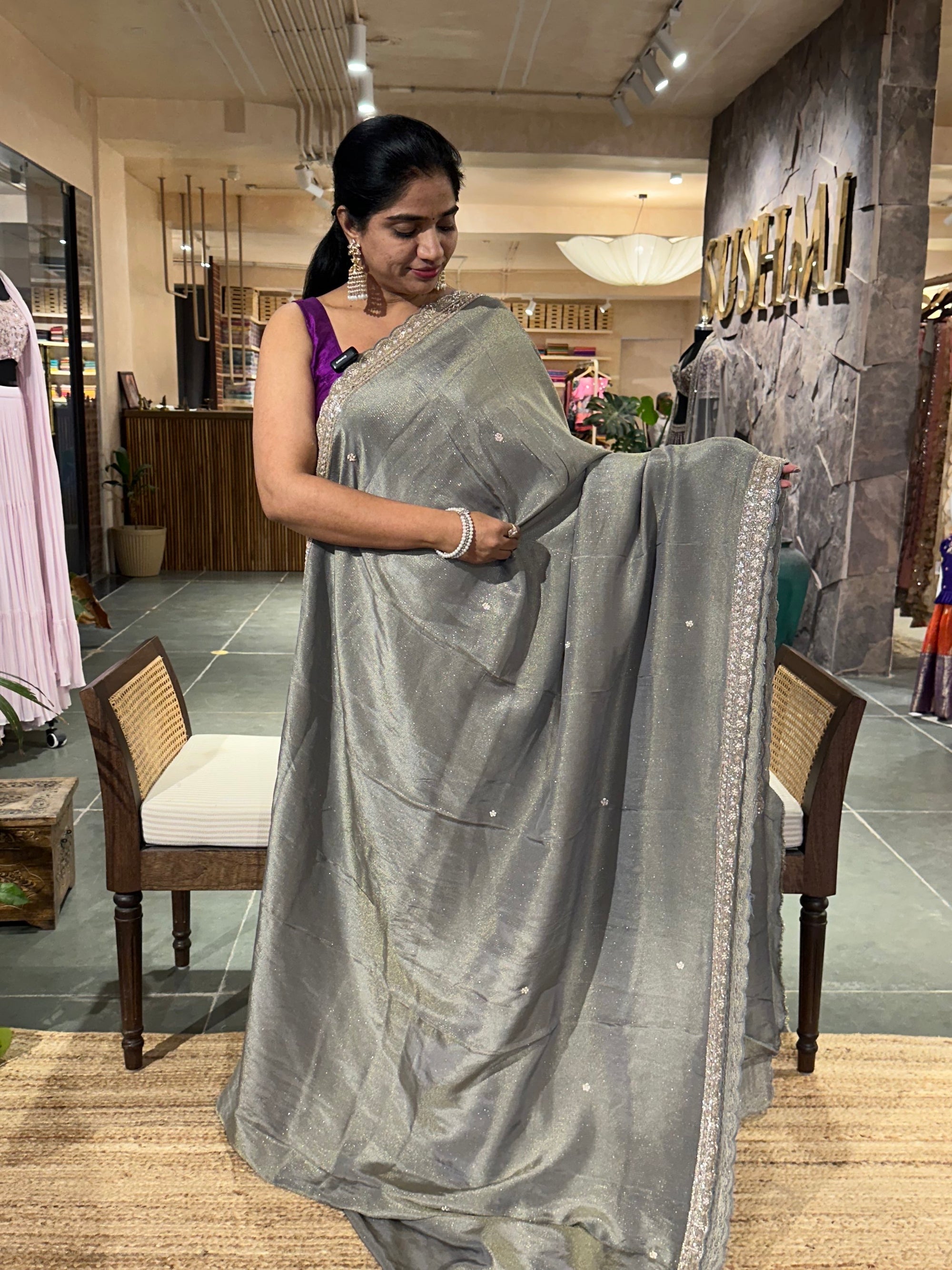 Tissue Gorgette Saree with scalloped handworked border and blouse