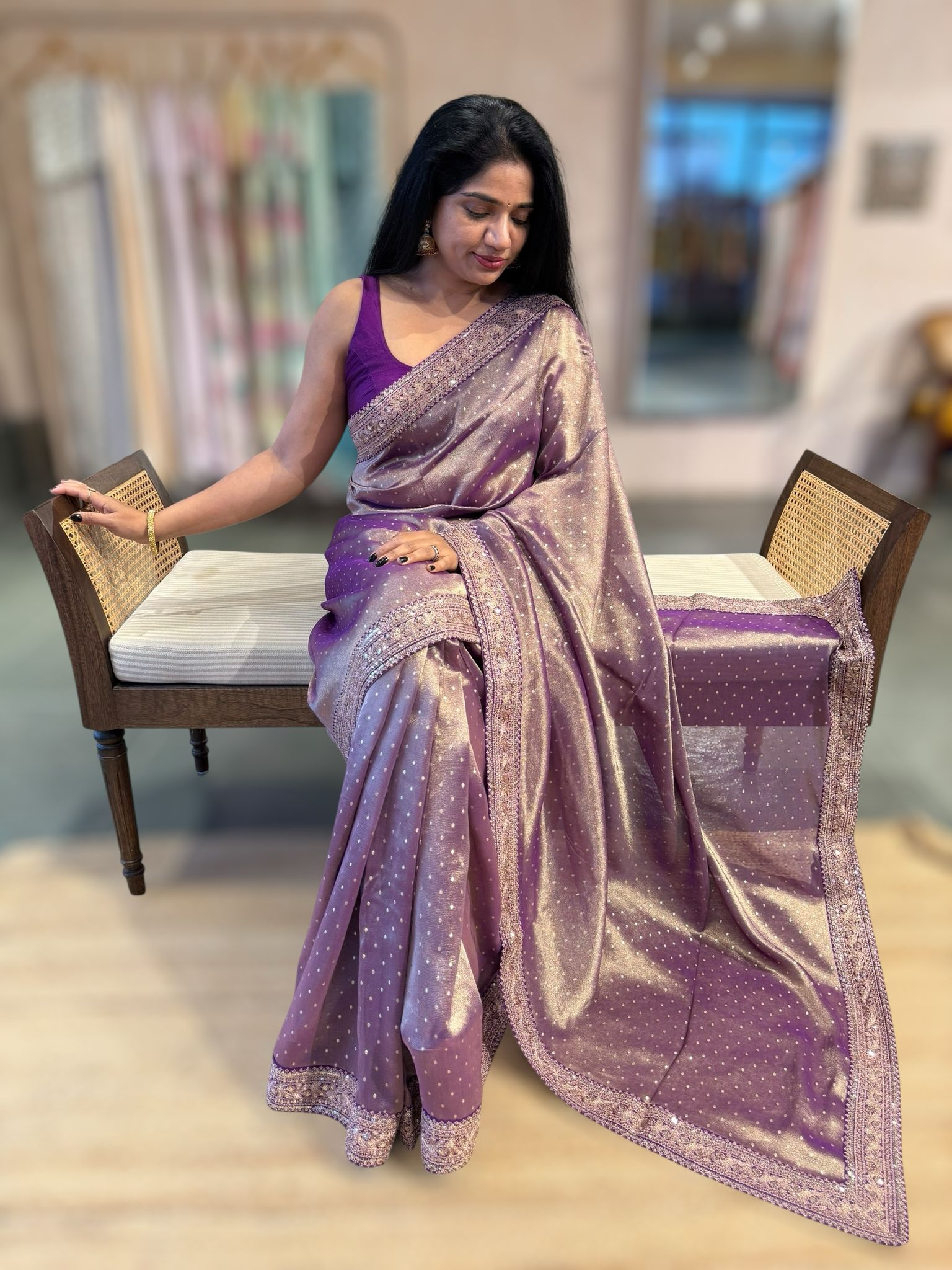PurpleTissue Gorgette saree witj sabyasachi borders and allover pitawork blouse
