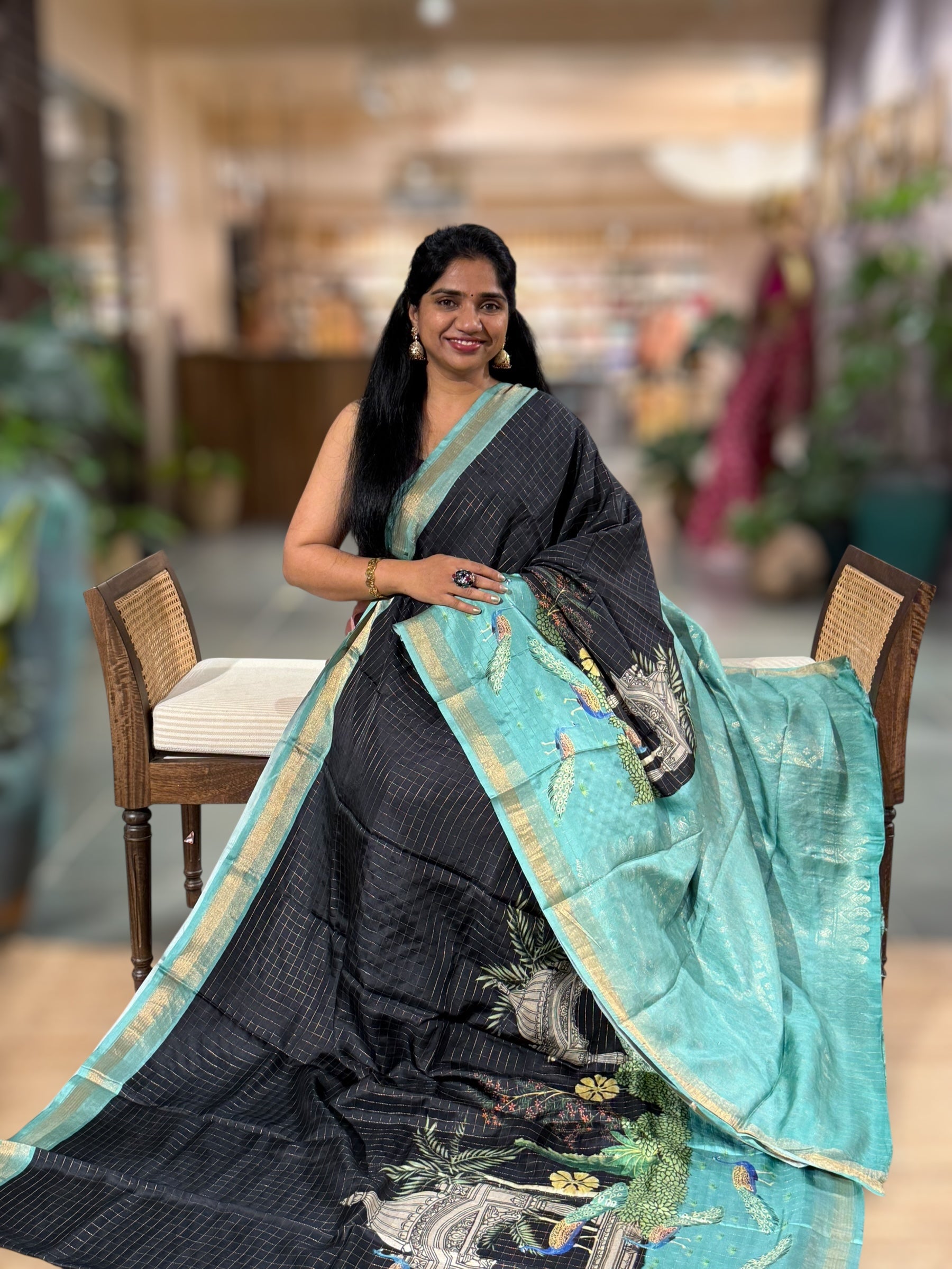 Black Checks Soft Silk with beautiful Skirt Border Peacock Print