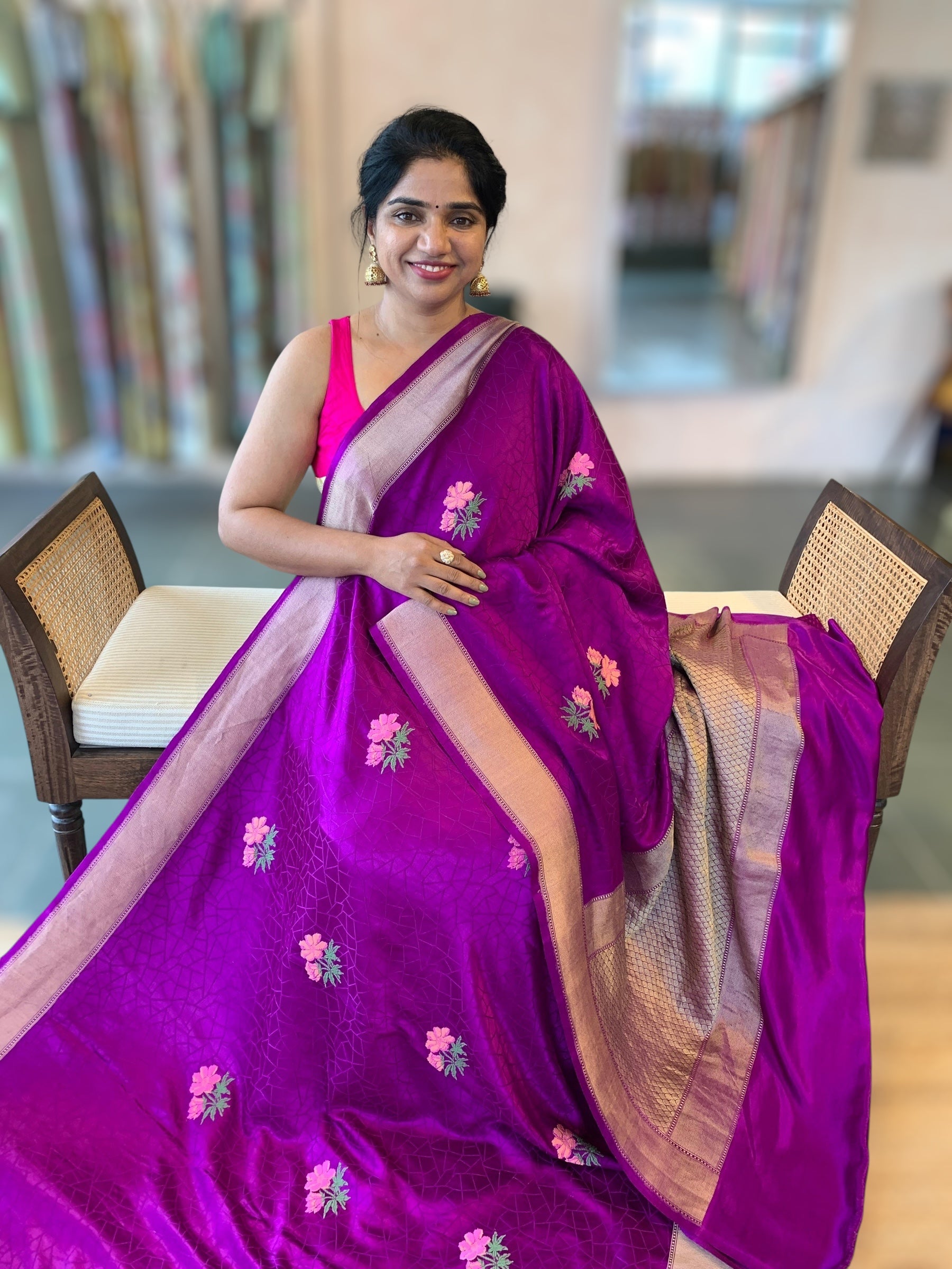Purple Designer Banarasi Mashru Silk Saree with Petite Point Embroidered flo