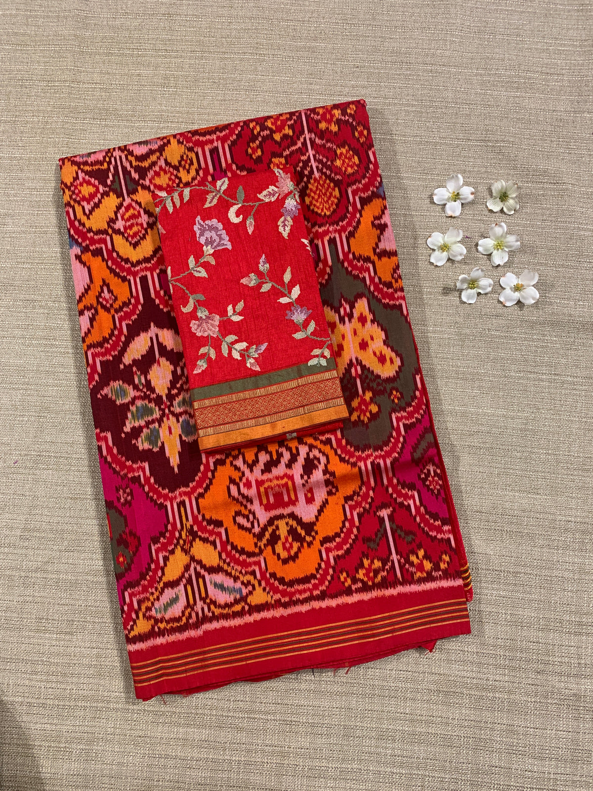 Orange , Red &amp; yellow Combo Pure Patan Patola Saree With Allover Creeper Design