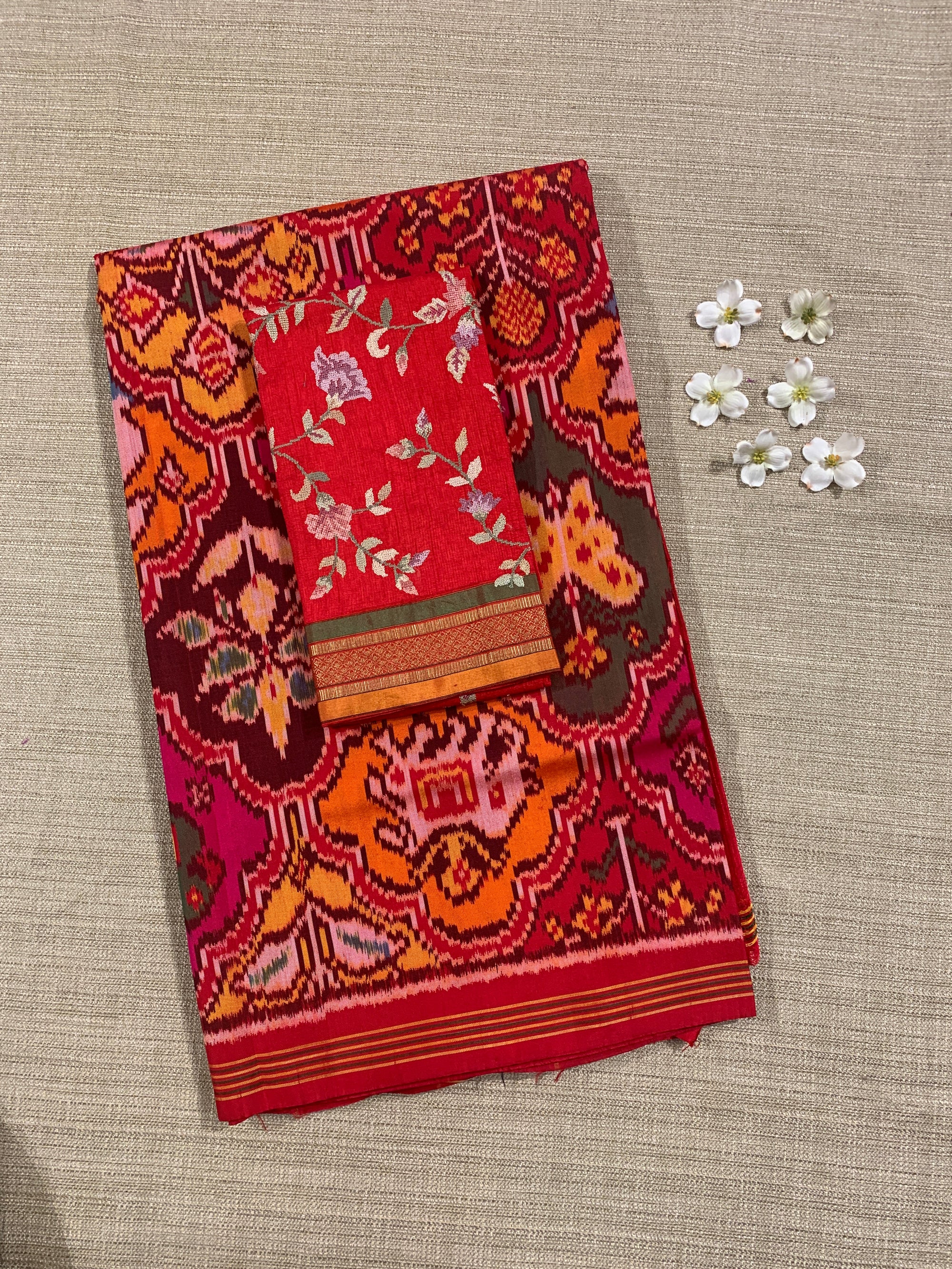 Orange , Red & yellow Combo Pure Patan Patola Saree With Allover Creeper Design