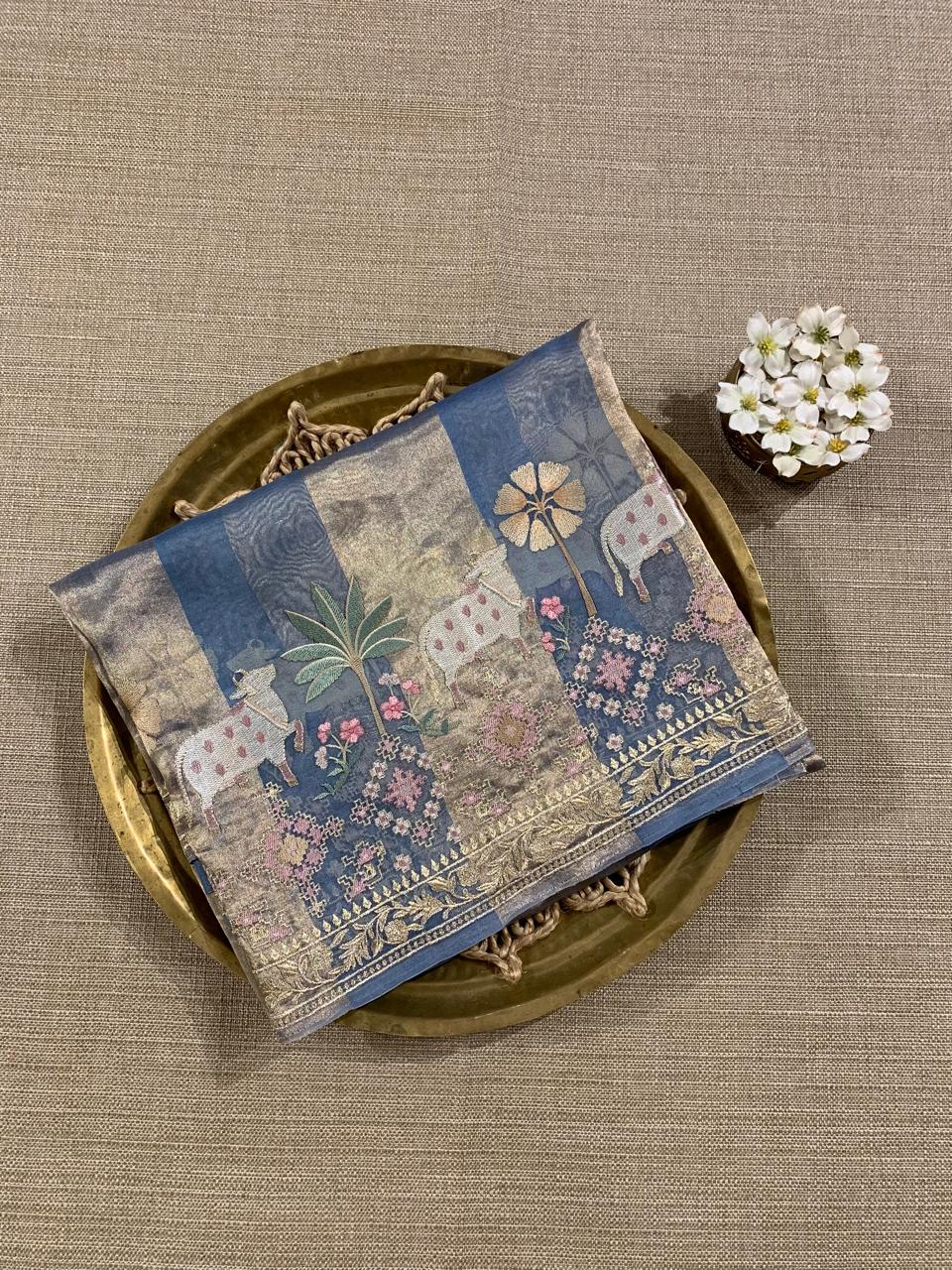 Dusty Blue Kora Tissue Stripes with Pichwai & Jamdani Inspired Embroidery