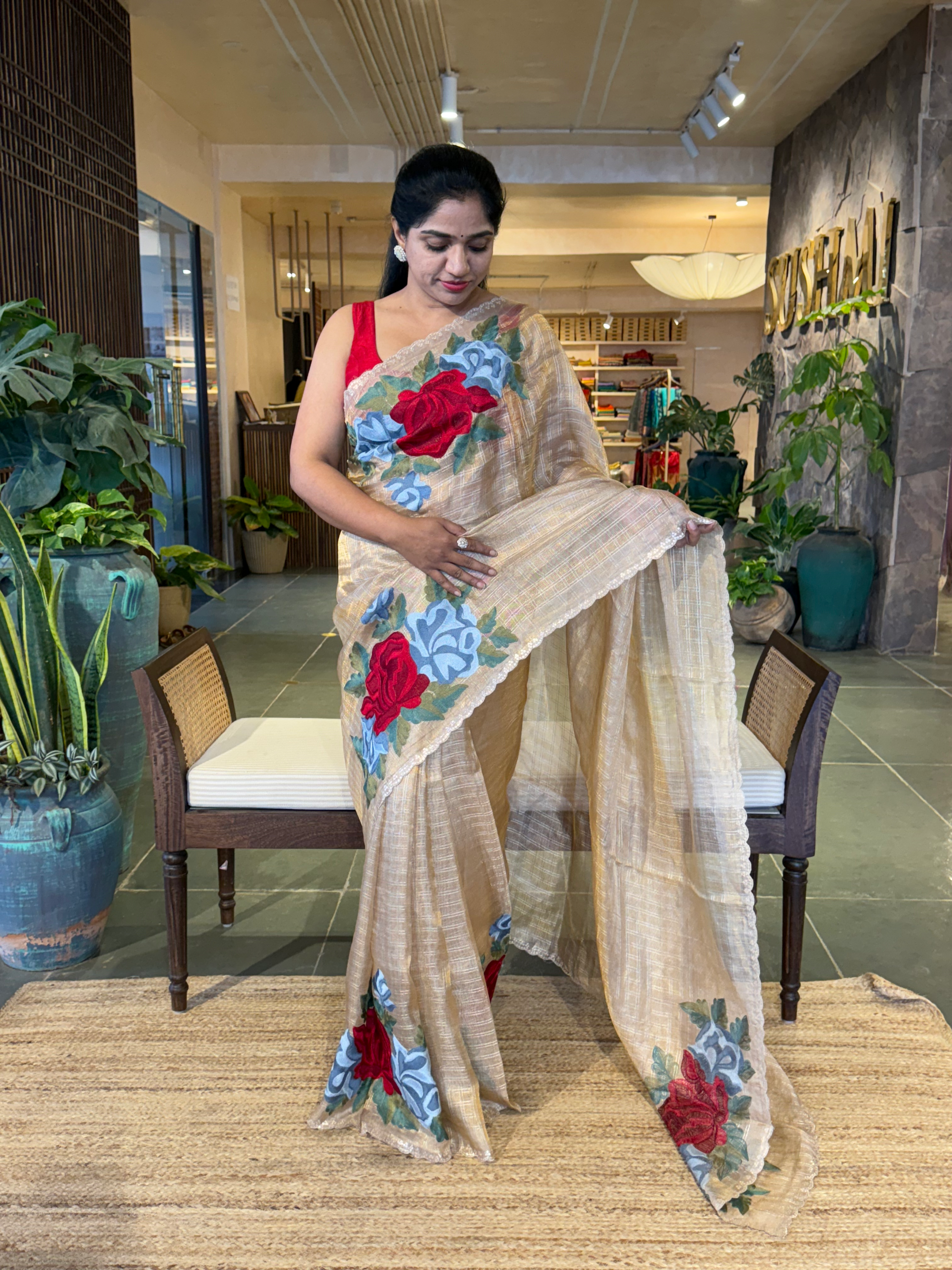 Gold Banarasi Tissue Saree with Silver Checks & Big Statement Floral Embroidery