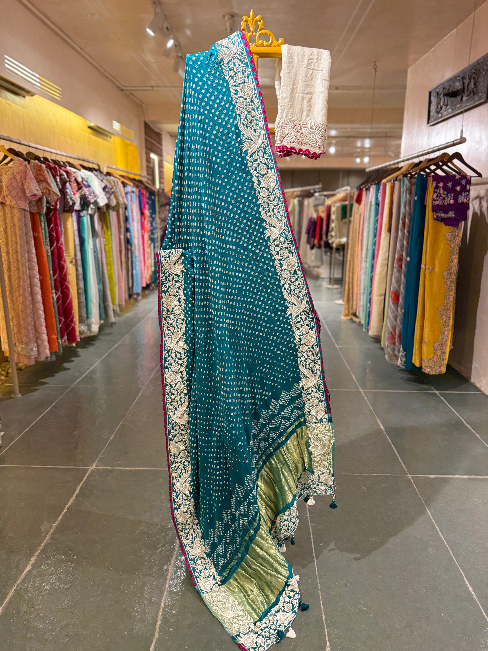 Peacock Blue Pure Gajji Silk Kutch Bandhej Saree with Parsi Gara Embroidery