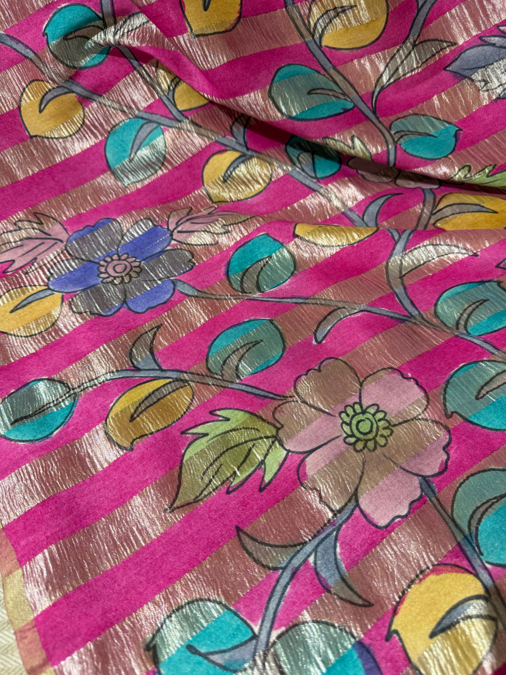 SMTKM1710 Pure Handloom Munga Silk Wth Tissue Stripes & kalamkari Handpainting