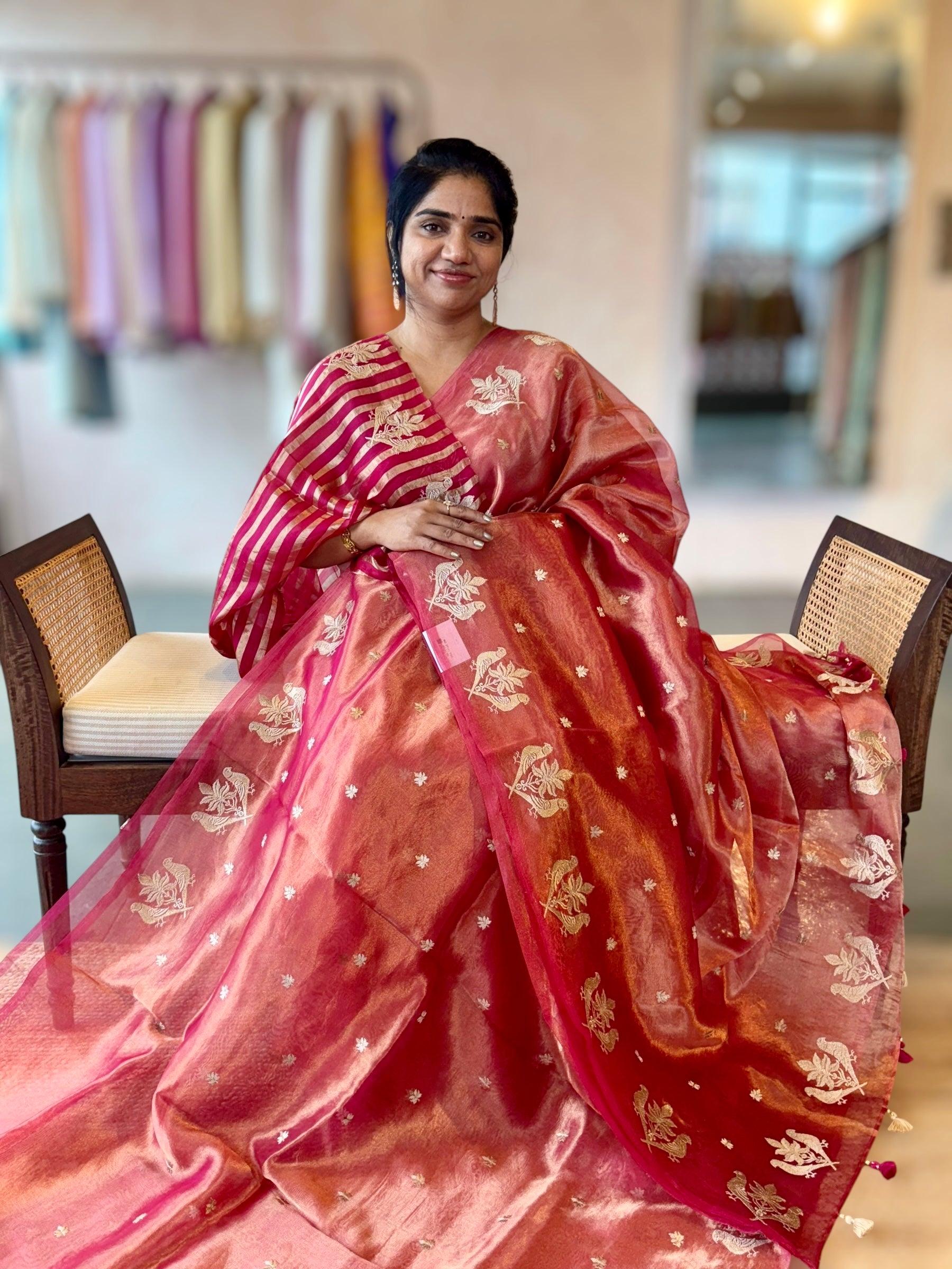 Pink Handloom Tissue Saree With Bird Embroidered Border & Stripes Tissue BP