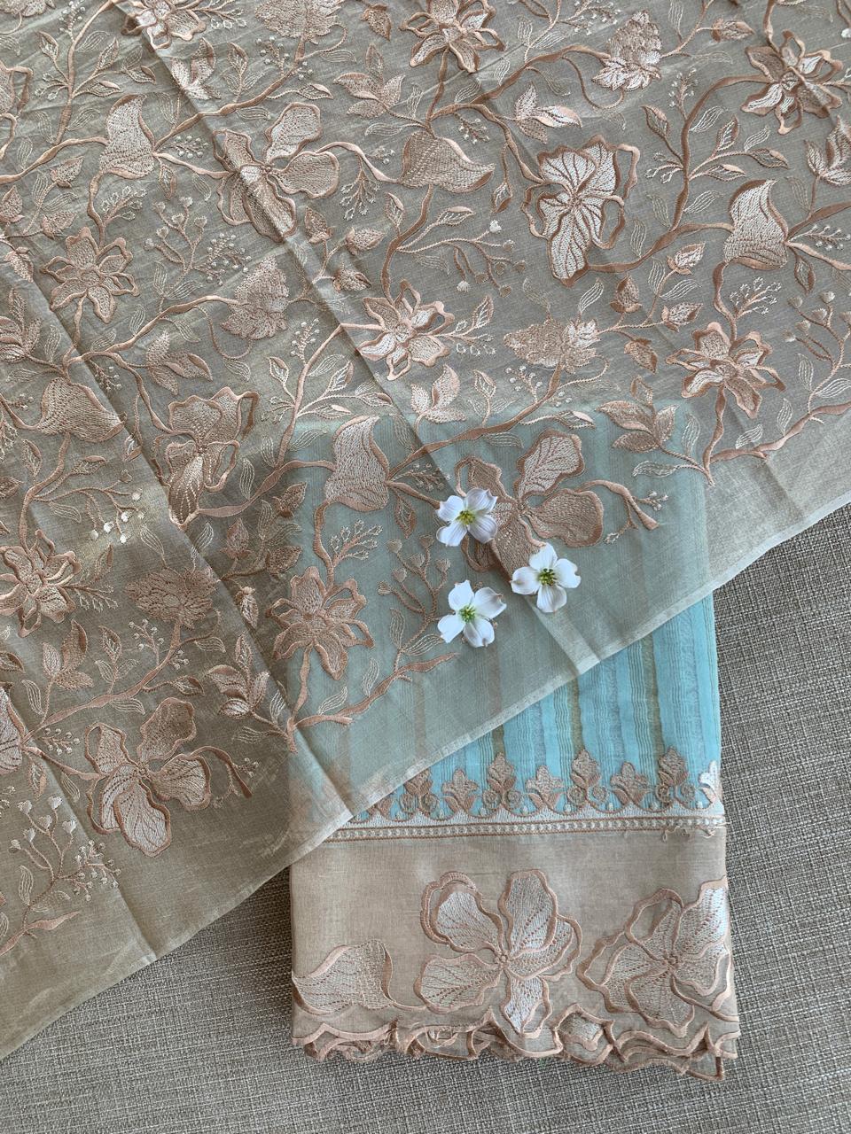 Pastel blue Mul Tissue Stripes Saree With Tissue Cutwork  Border & Blouse