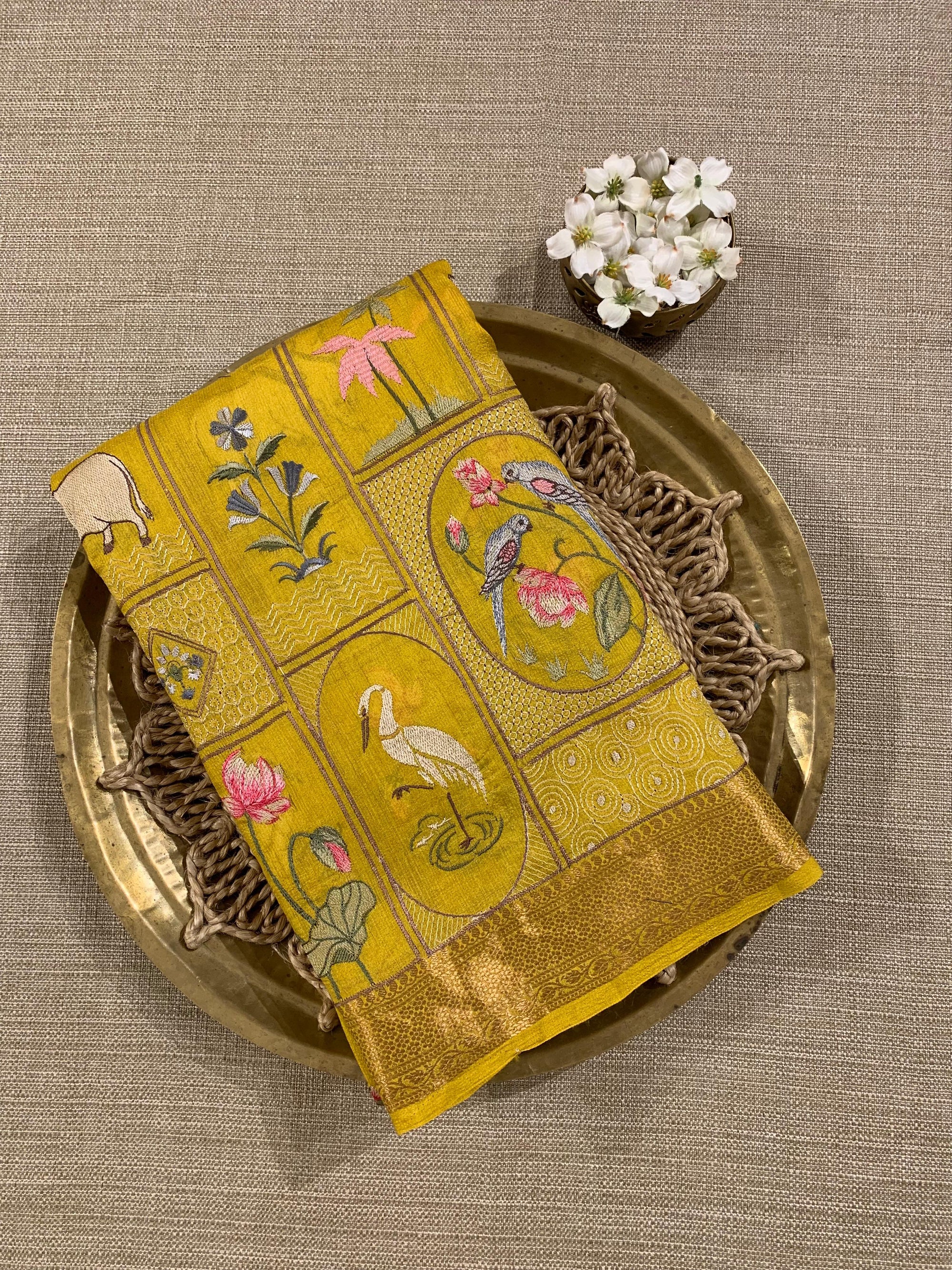 SMSEA110 Mango Yellow Pure Handloom Munga Silk Saree with Pichwai Embroidery