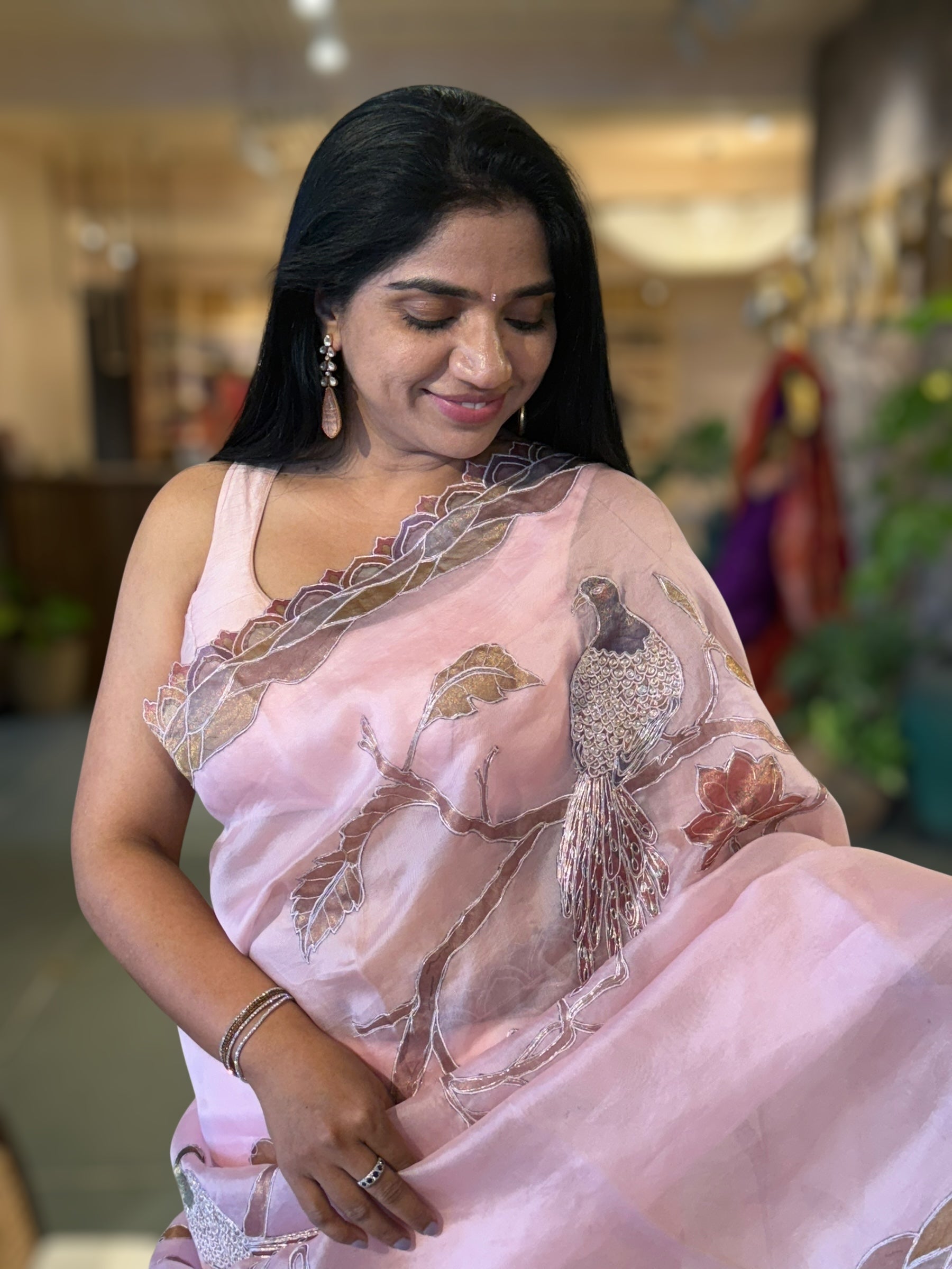 Rose Pink Pure Organza Saree with one of a kind Tissue Applique work allover
