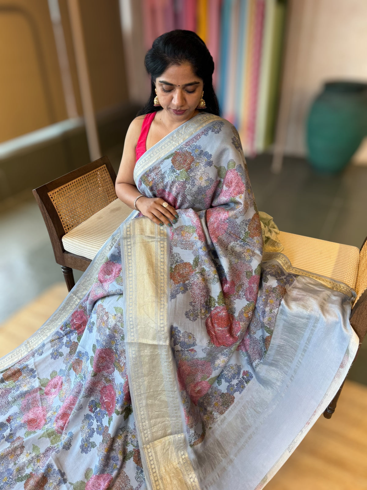 Corn Flower Blue Chiniya Silk Saree With Petite Point  Emb Style Print