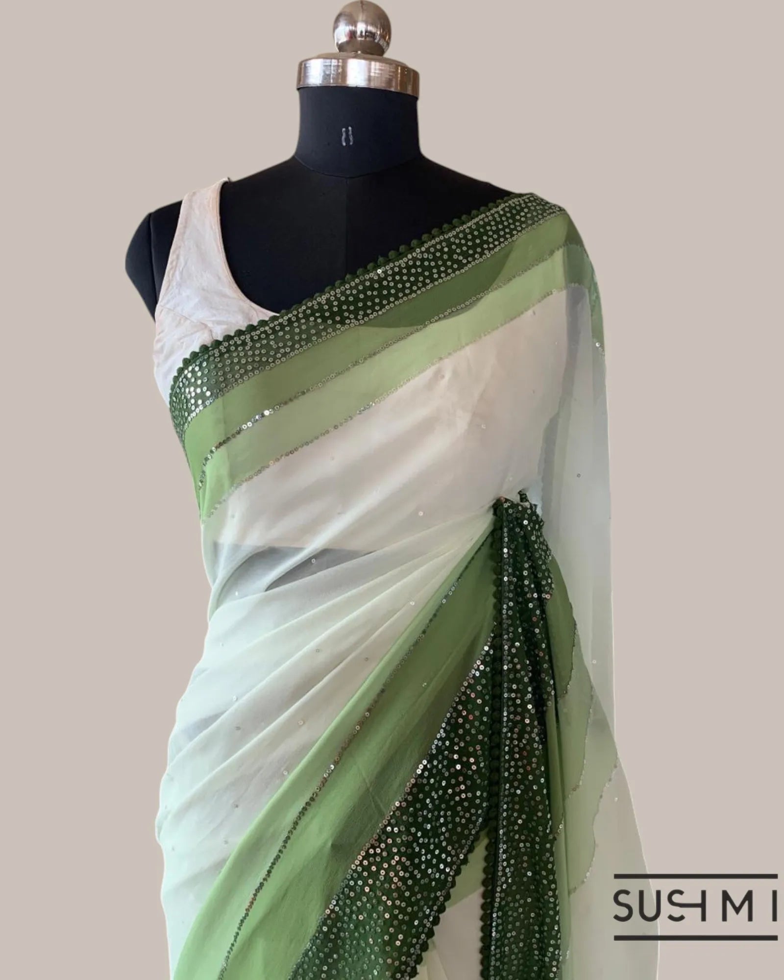 Pure Gorgette Saree With Shaded Sequnce Border