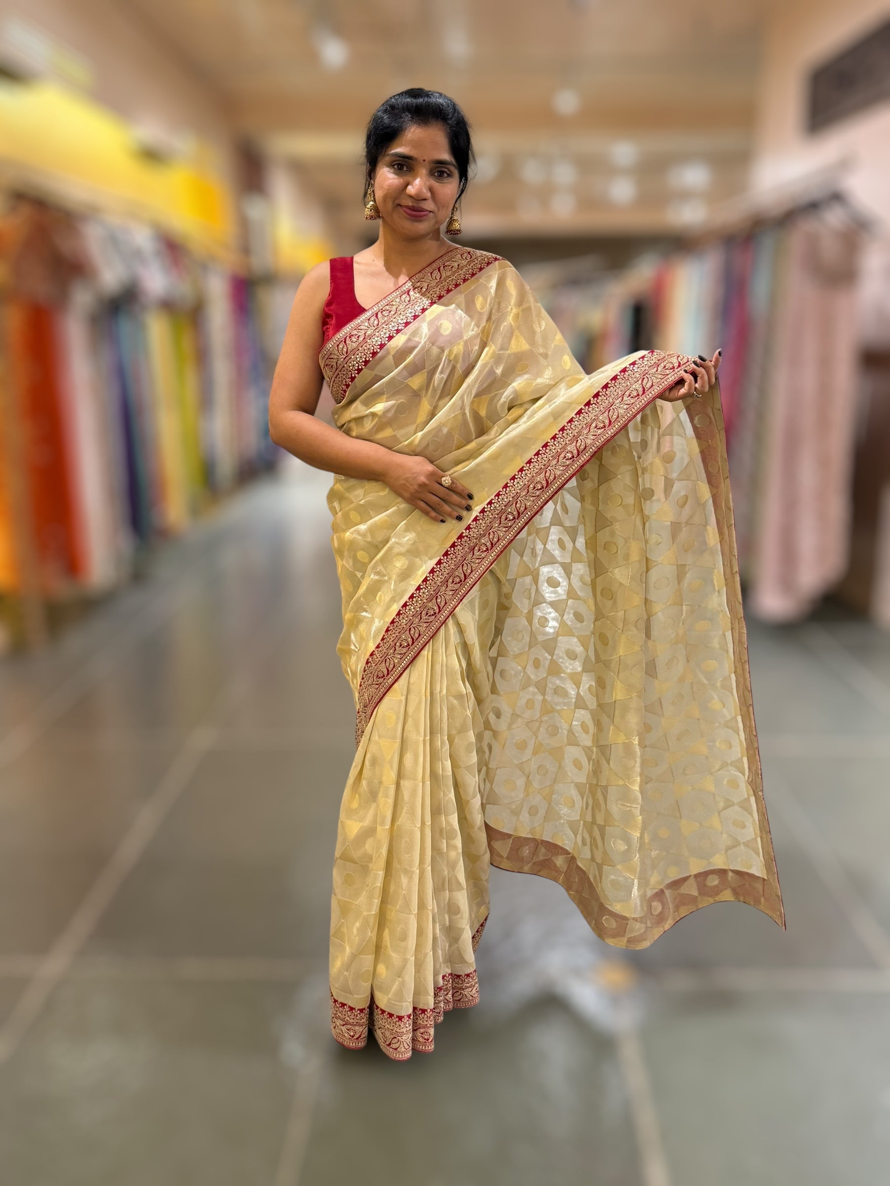 Ivory Kora Tissue Saree with Sabyasachi-Style Borders & Heavy Embroidered Blouse