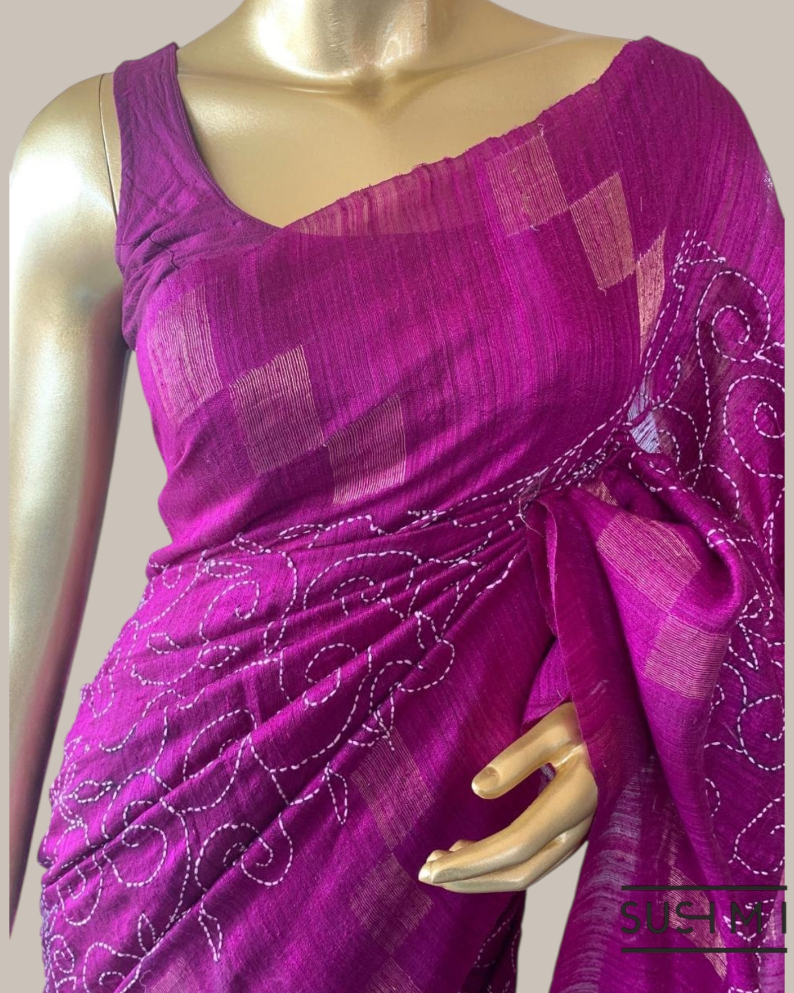 Majenta Makta Tussar Saree with Jamdani weaving and allover hand katha work