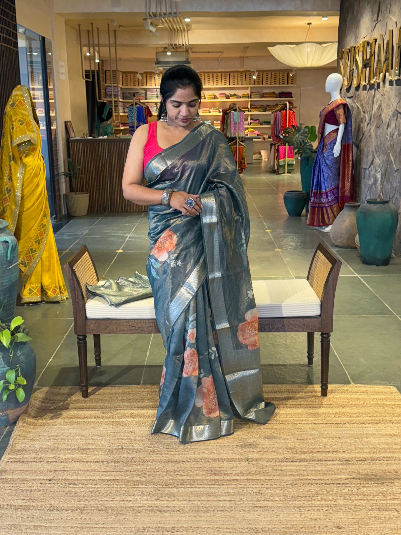 Banarasi Floral Printed Cotton Tissue Saree with brocade pallu and blouse