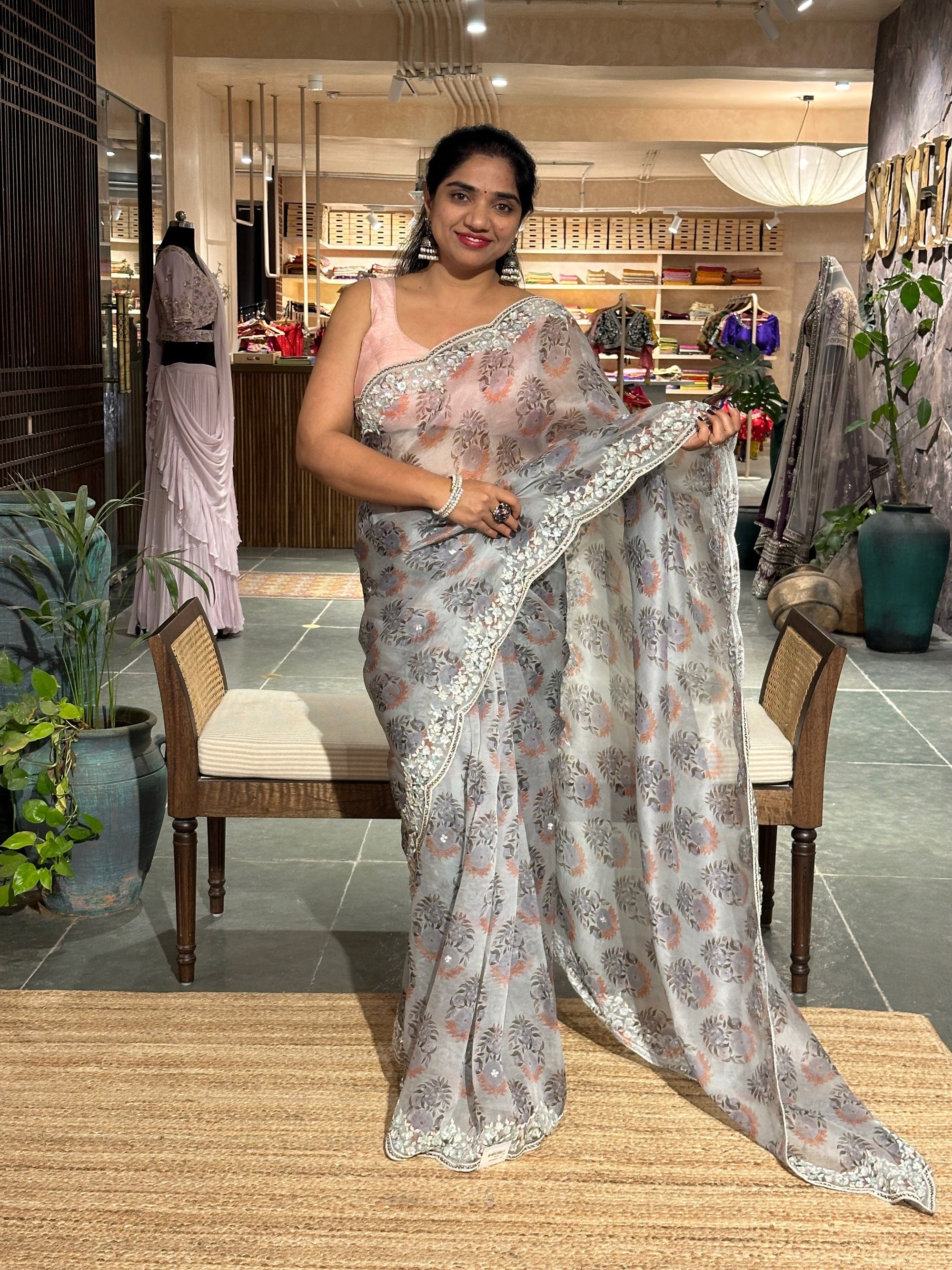 Silverish Grey Pure Organza  handwork  Saree with Sabyasachi  floral print