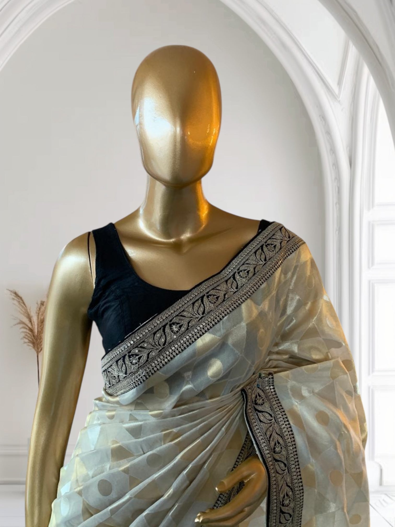 Ivory Kora Tissue Saree with Sabyasachi-Style Borders & Heavy Embroidered Blouse