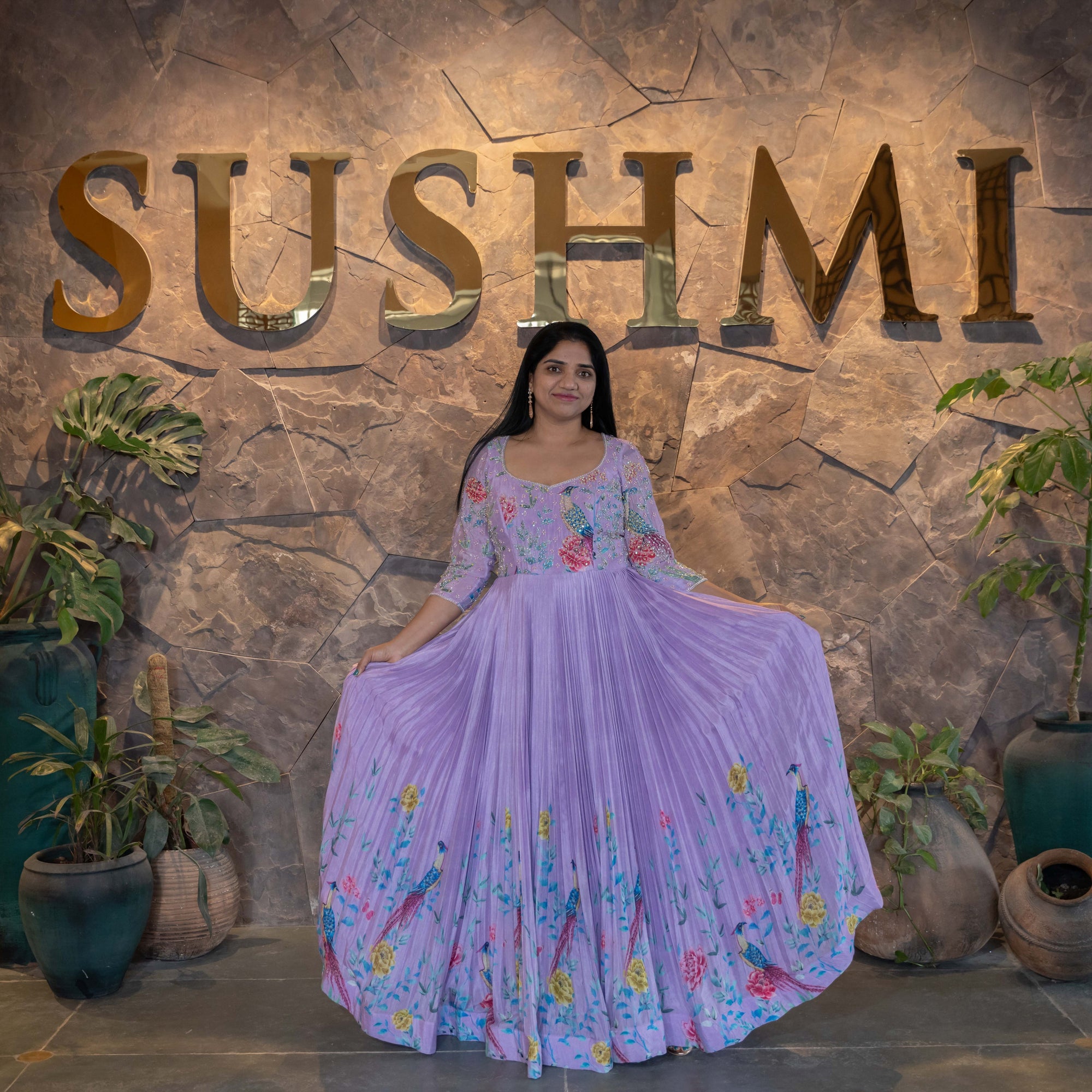 Pure Chinnon Printed Long Frock with handwork yoke