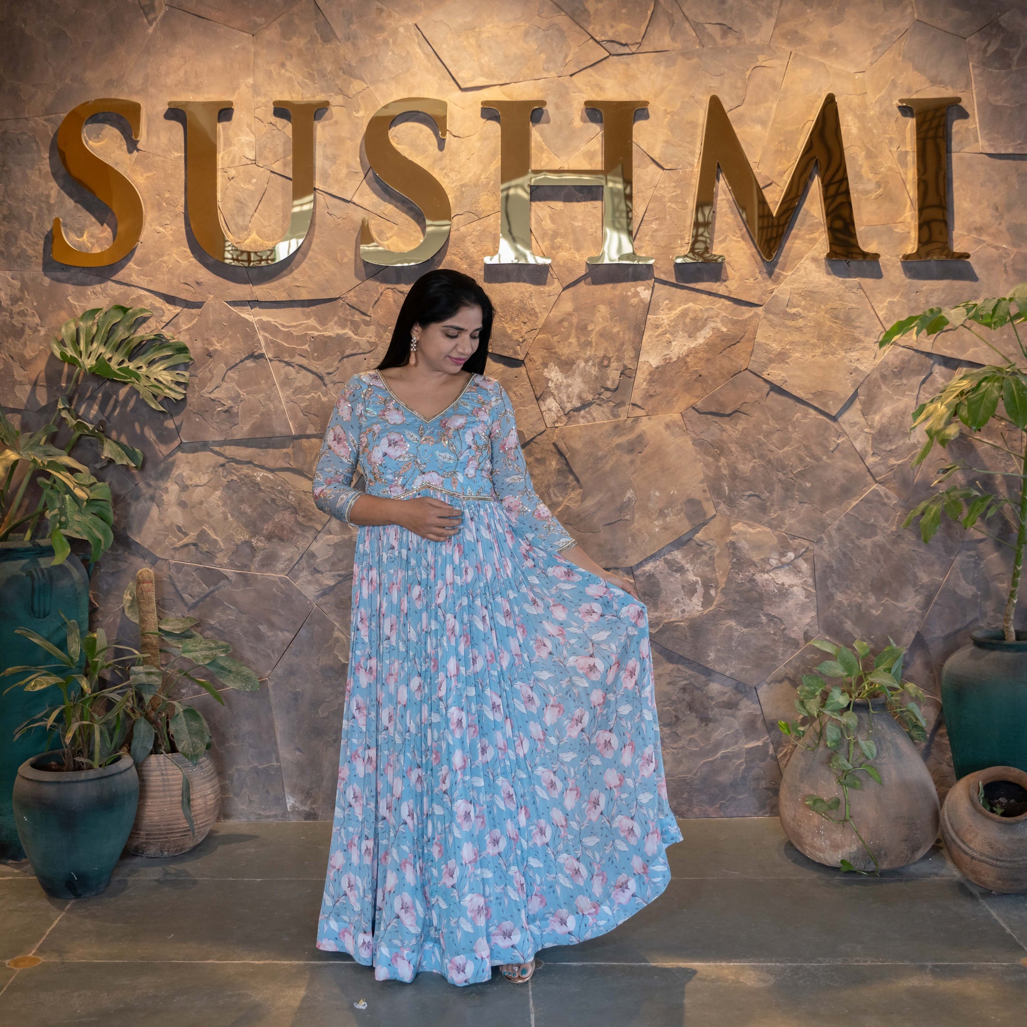 Pure Chinnon Printed Long Frock with handwork yoke