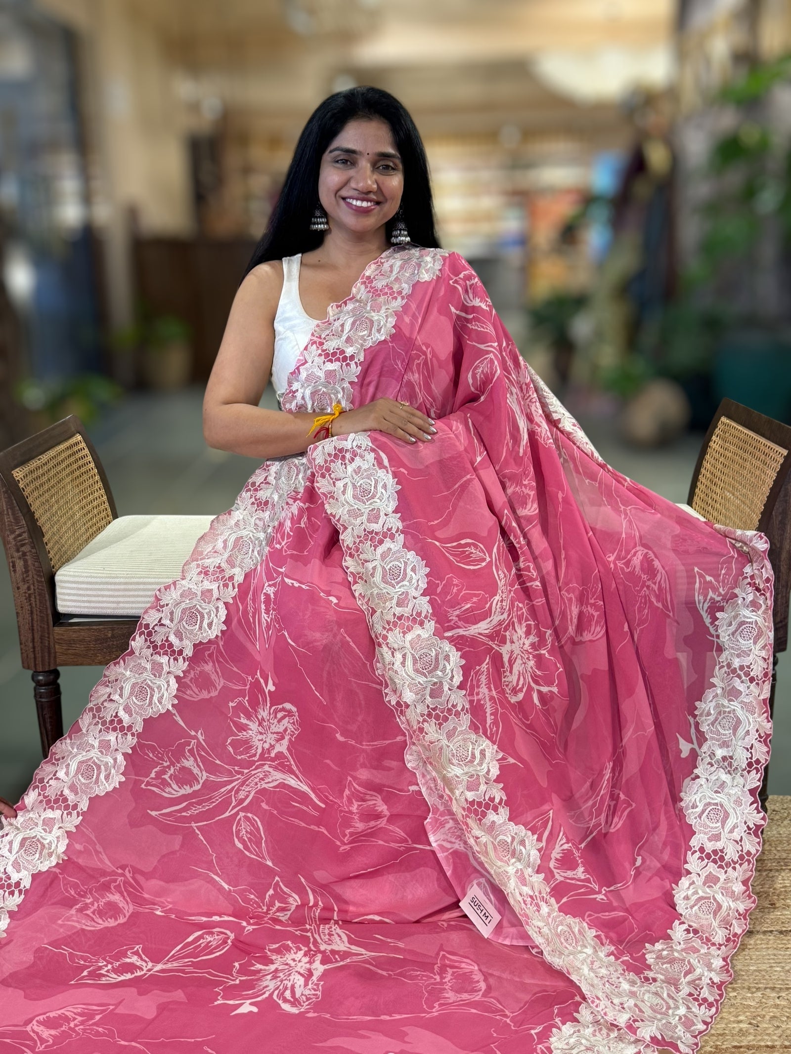 NeonPink Pure Gorgette Saree With Chatilly Lace Style Cutwork embroidered Border
