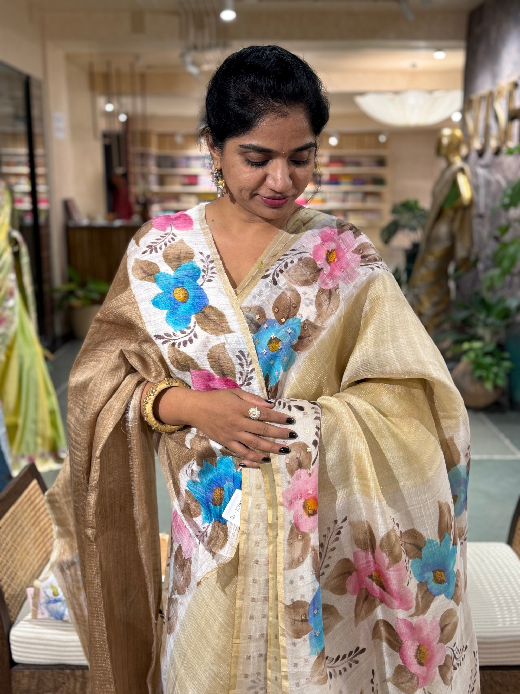 Tussar Kota Tissue Saree with Handpainted Muslin Border and Pallu