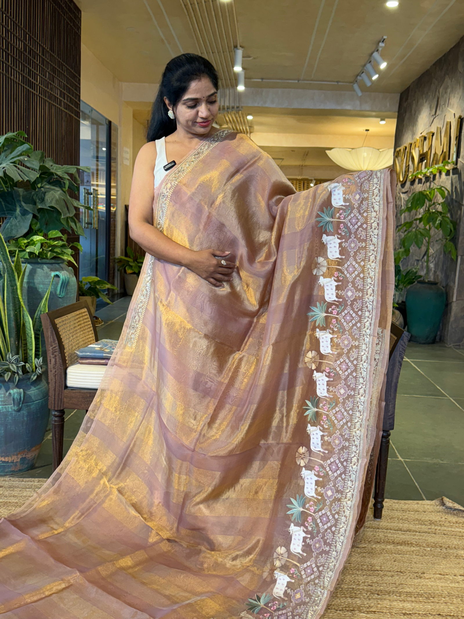 Dusty Pink Kora Tissue Stripes with Pichwai & Jamdani Inspired Embroidery