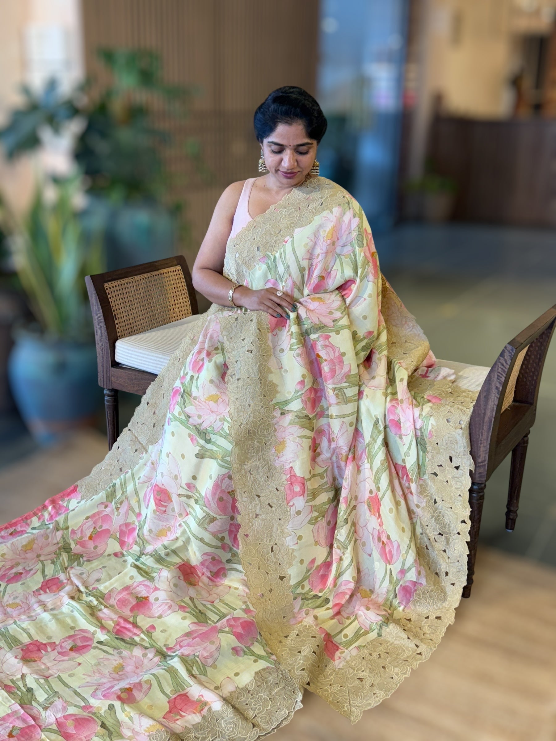 Lemon Banarasi Printed Tussar Khaddi Gorgette With Tissue cutwork Rose Border