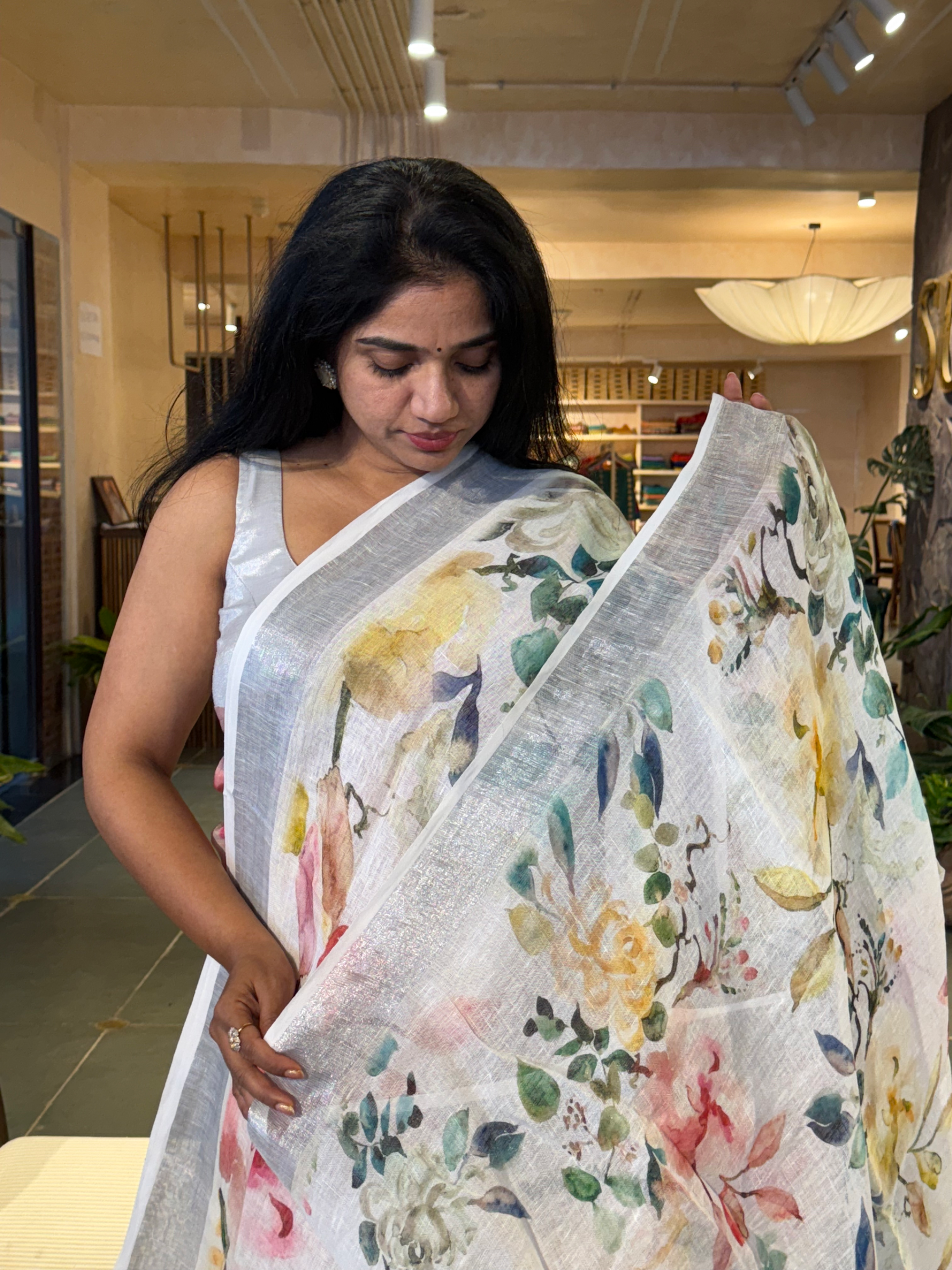 Snow White Pure Handloom Lenin Printed Sarees With Silver Zari Border