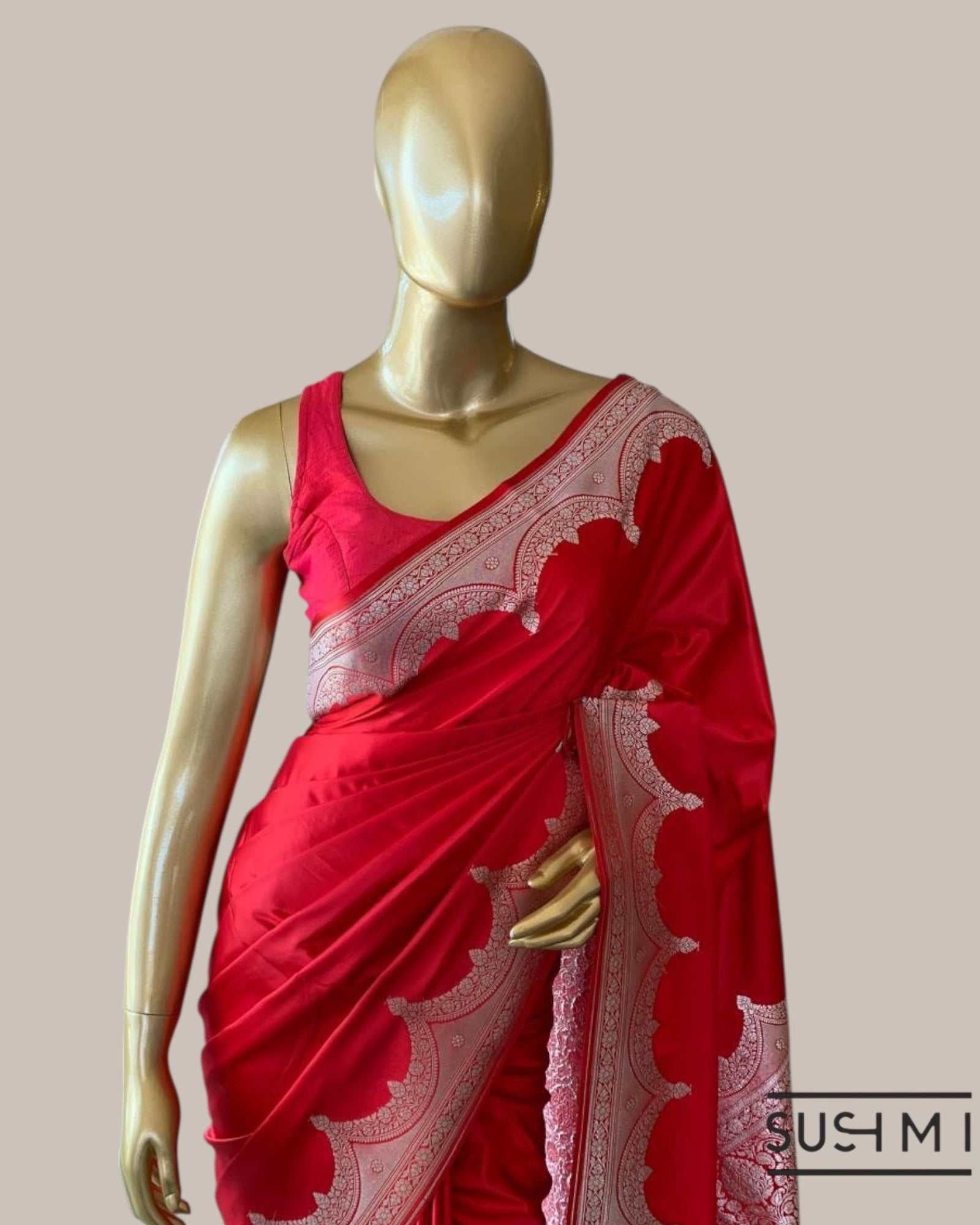 Chilli Red Mashru Silk Saree With Scalloped Border
