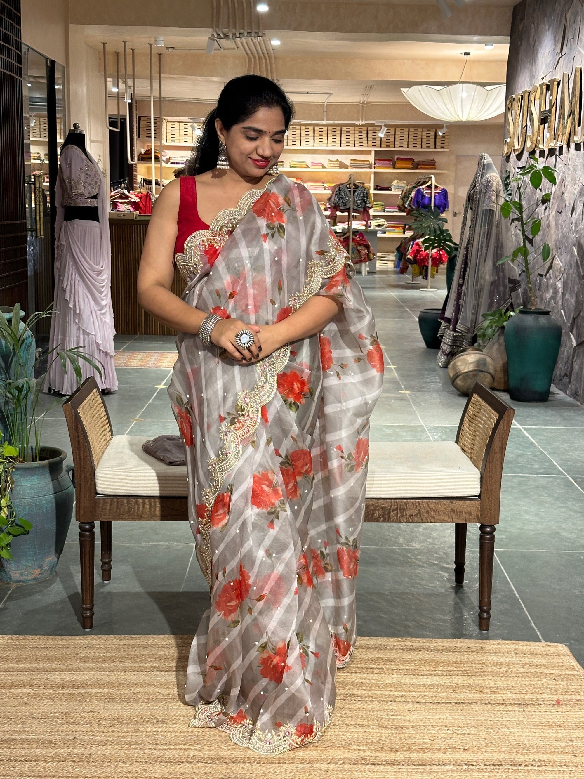 Earthy Tone Pure Organza lehariya Floral Printed With Handwork Border