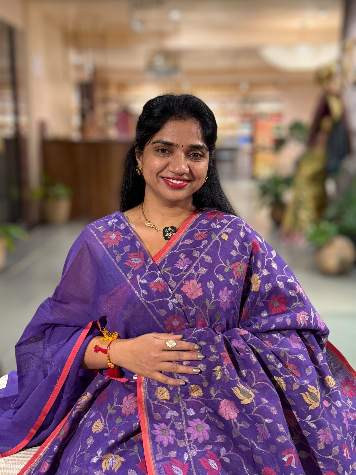 Brinjal Banarasi Handloom Cotton Cut Jamdani Saree With Allover Meenakari