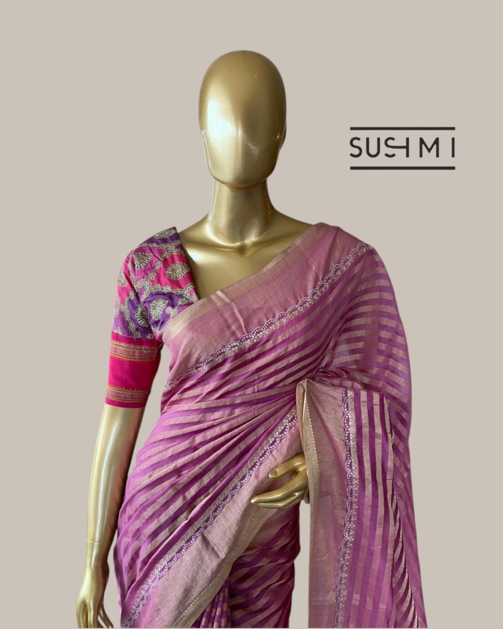 Chanderi Tissue Stripes Saree With Pitawork Scallop Borer
