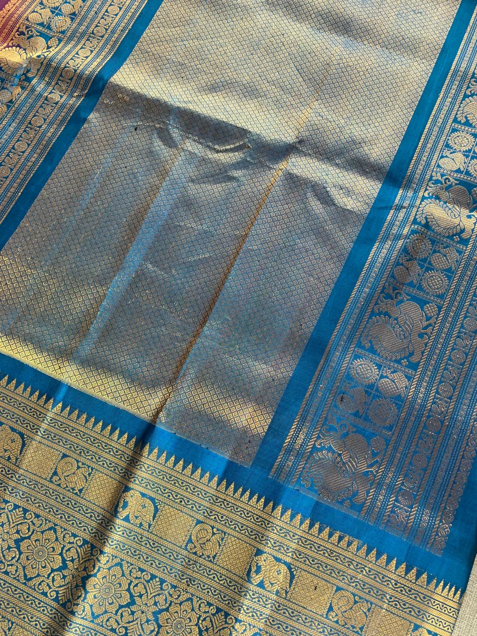 SGSA208 Wine and Peacock Blue Combo Gadwal Handloom Pure Silk Saree