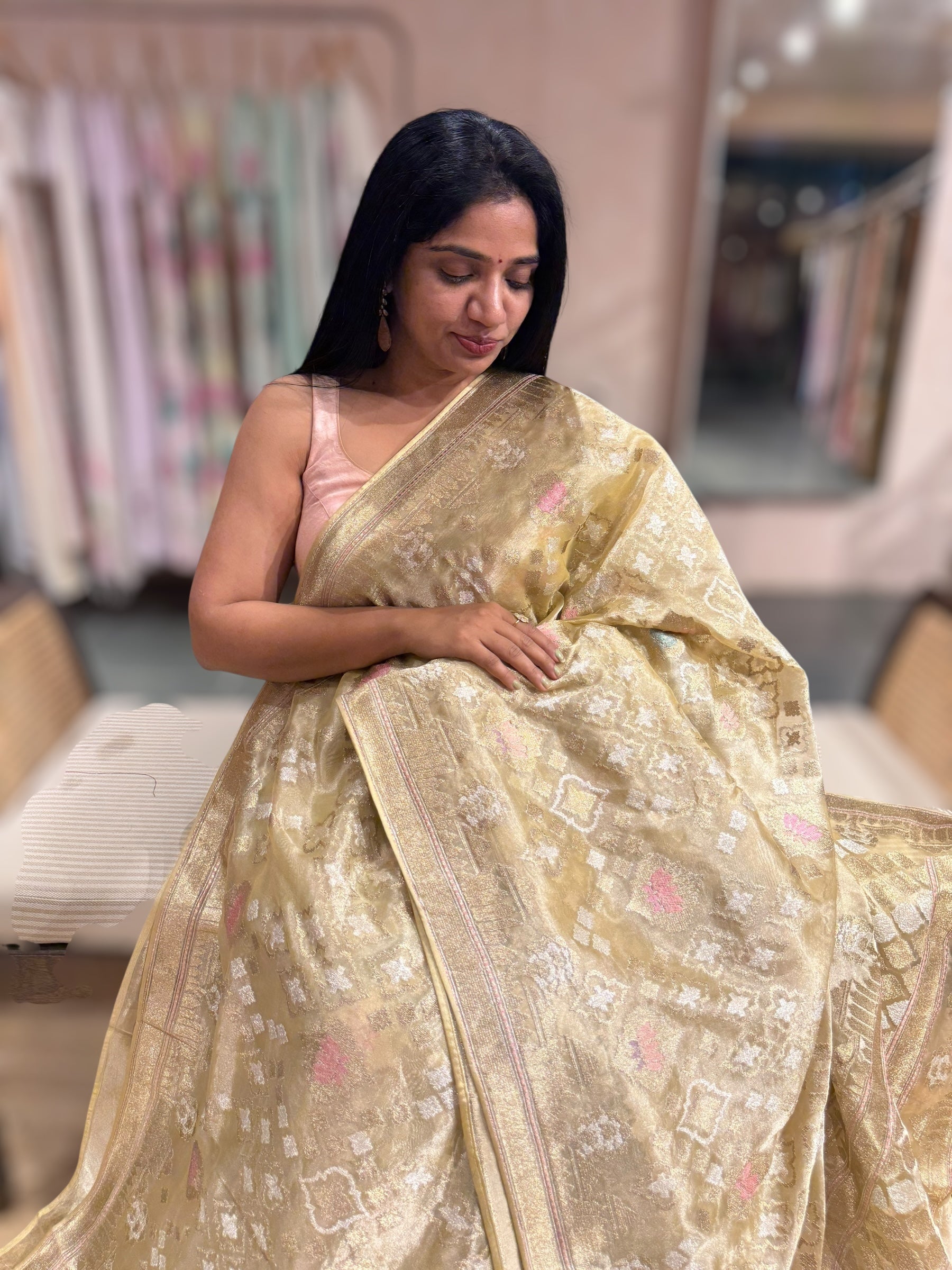 Lighte Yellow Gold Pure Tissue With Jamdani Inspired Allover Embroidery
