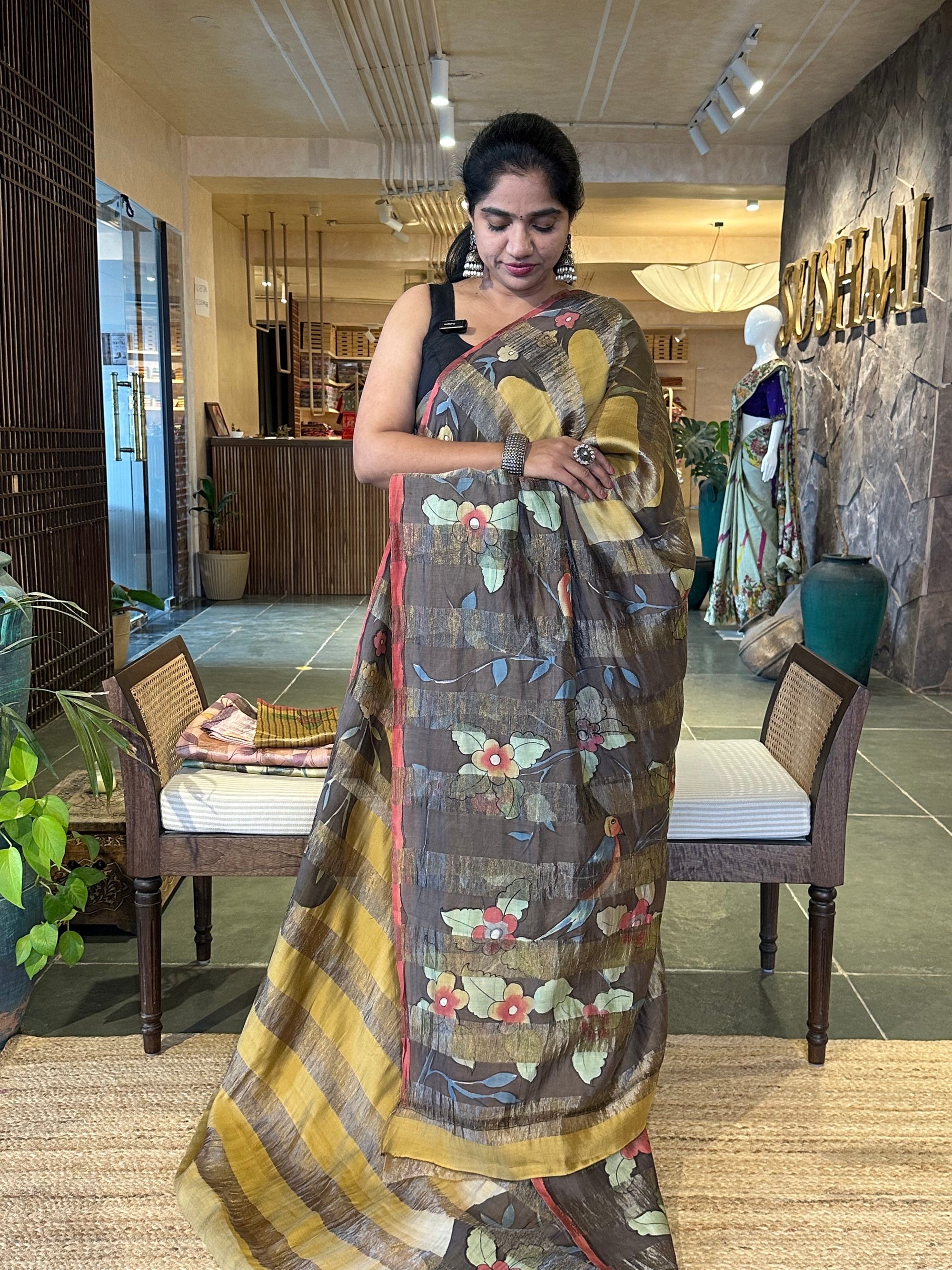 Pure Handloom Banarasi Munga Tissue  Saree with handpainting