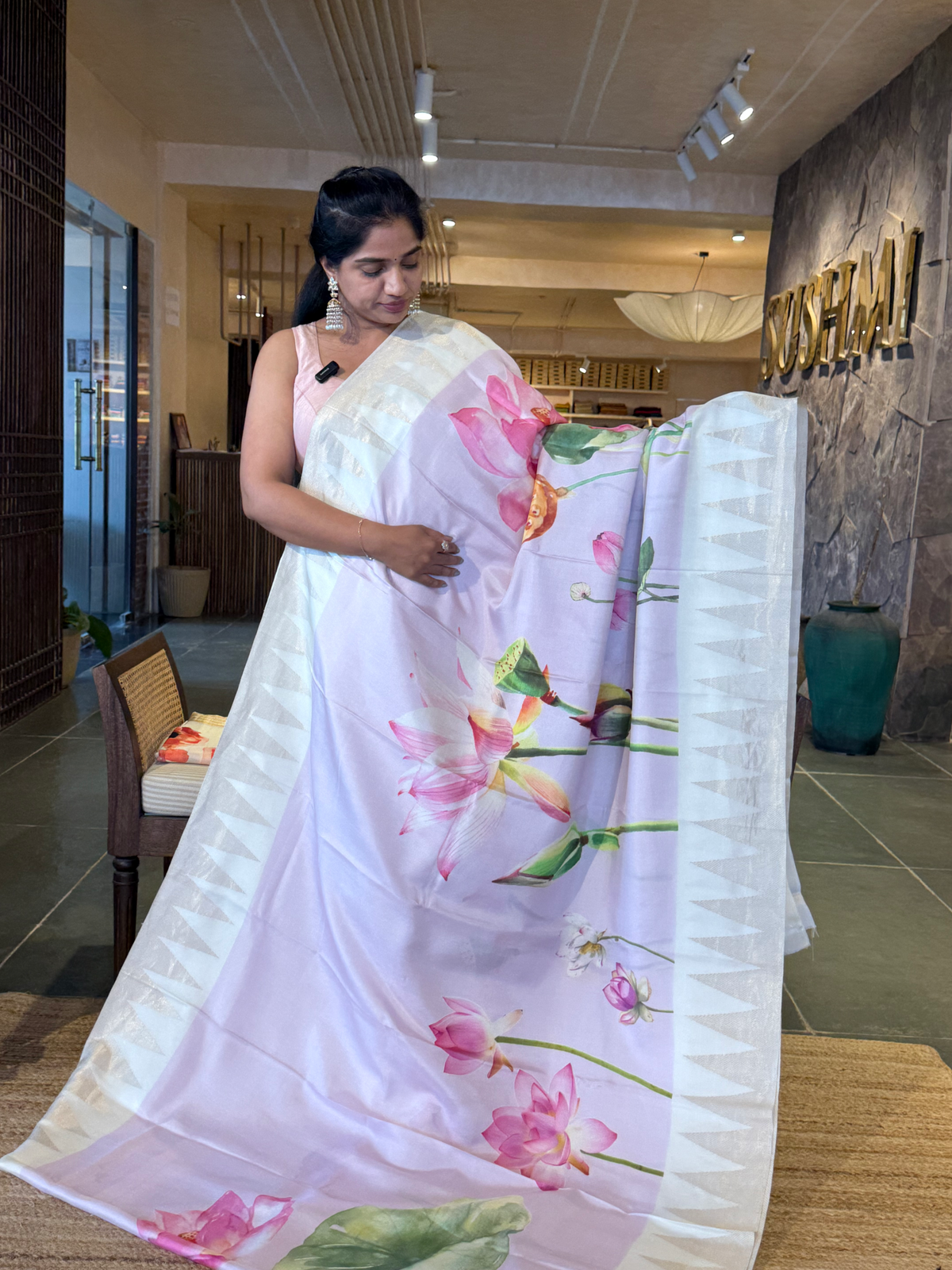 Lilac Kanchi Silk Soft Drape Saree with Temple Birder and Pichwai  Floral Print