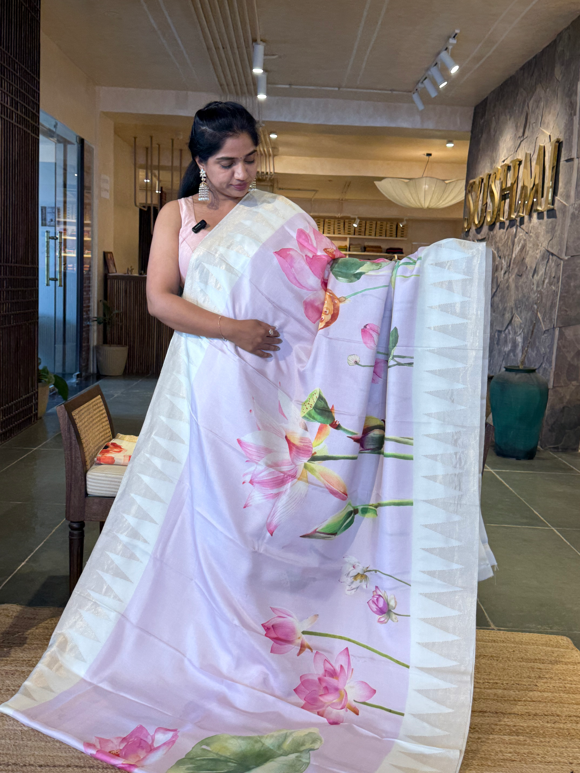 Lilac Kanchi Silk Soft Drape Saree with Temple Birder and Pichwai  Floral Print
