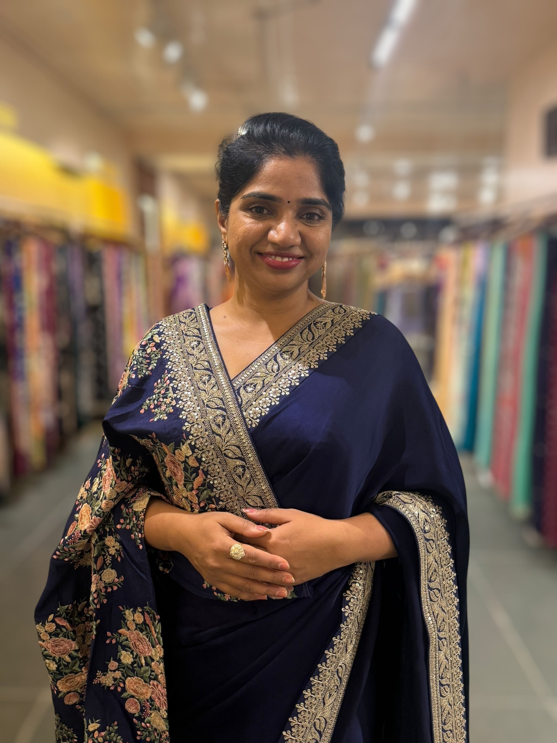 Midnight Blue Pure Satin Silk Saree With Sabhya Borders & Allover Emb Blouse
