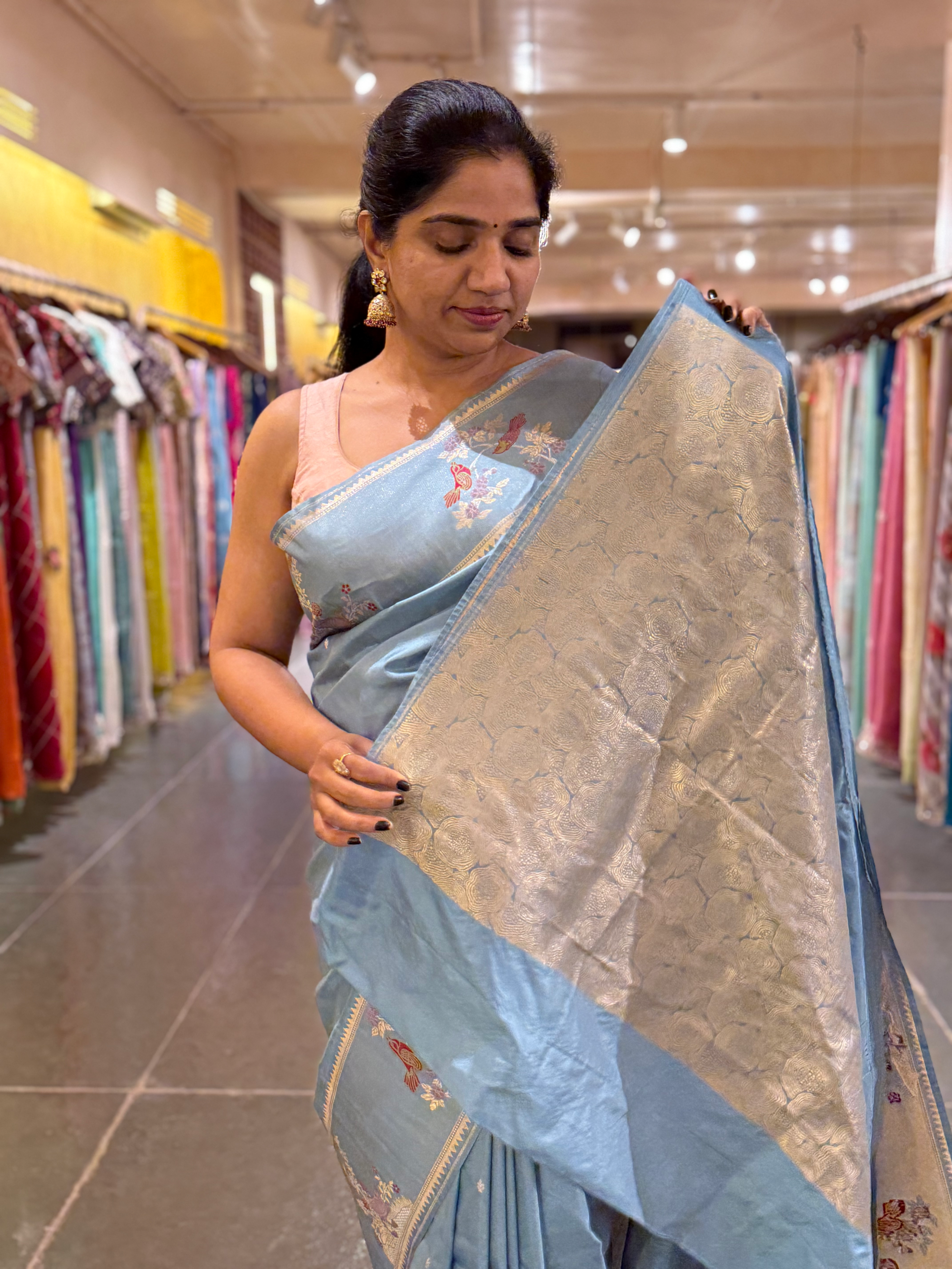 Dusty Blue Designer Banarasi Silk Saree
