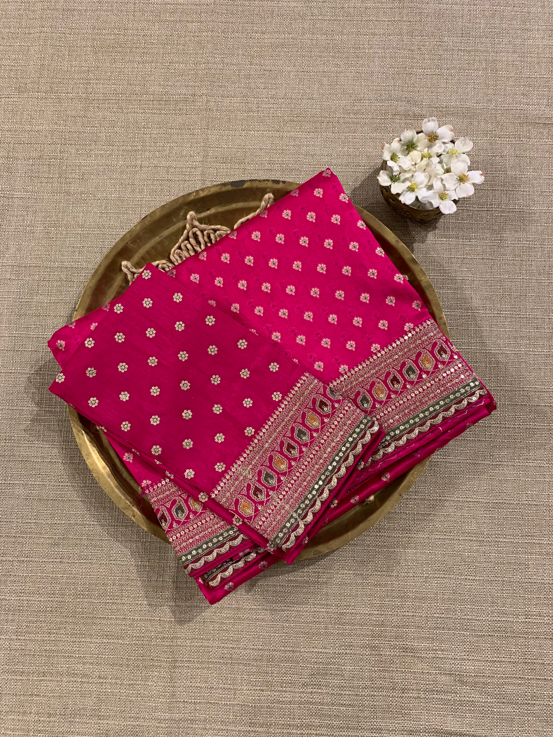Fushcia Pink Pure Handloom Banarasi Silk Saree With Sabhyasachi Borders & Blouse