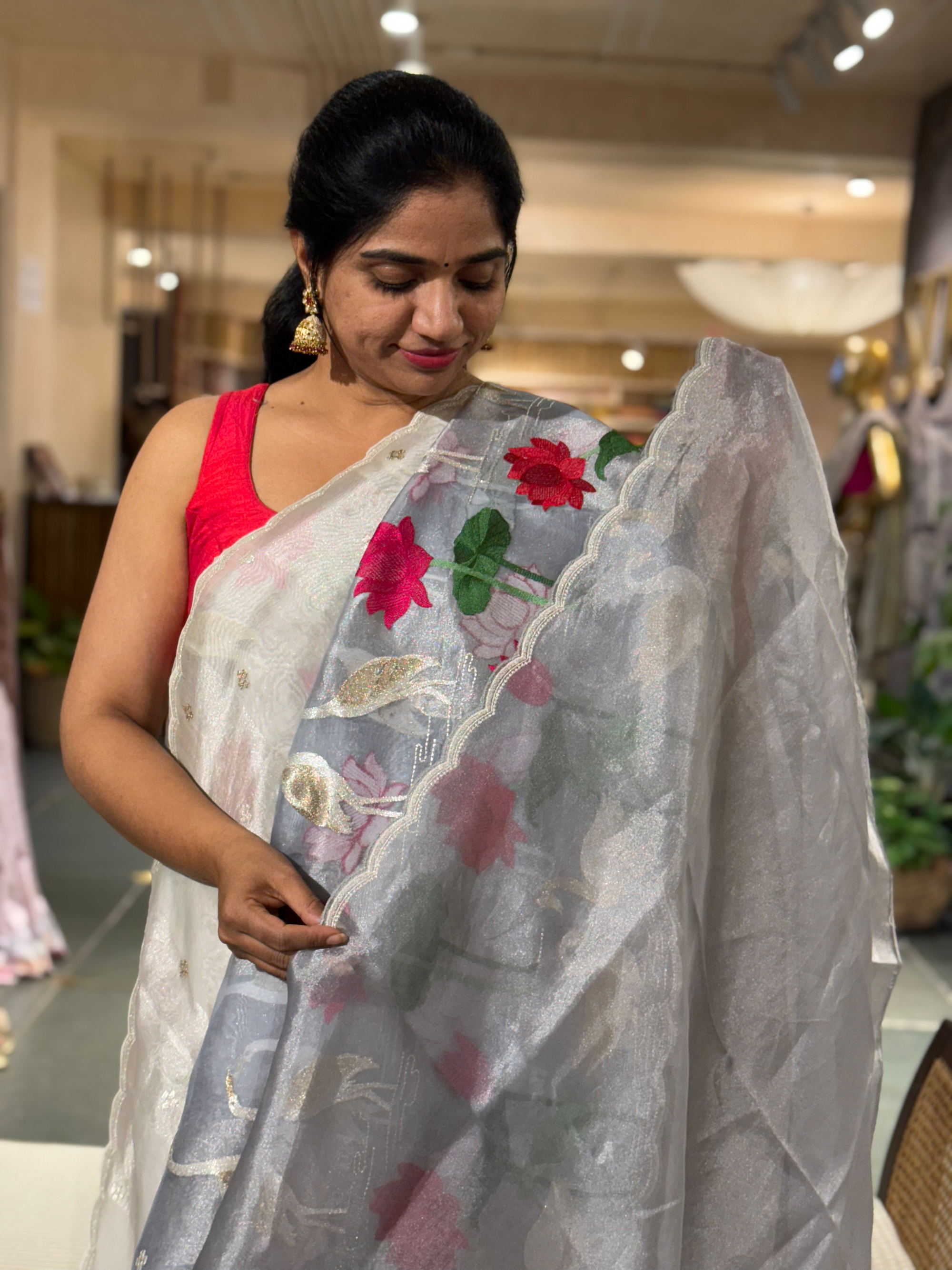 Ombre Dyed Handloom Kora Tissue Stripes Pichwai Pond themed Embroidered  Saree