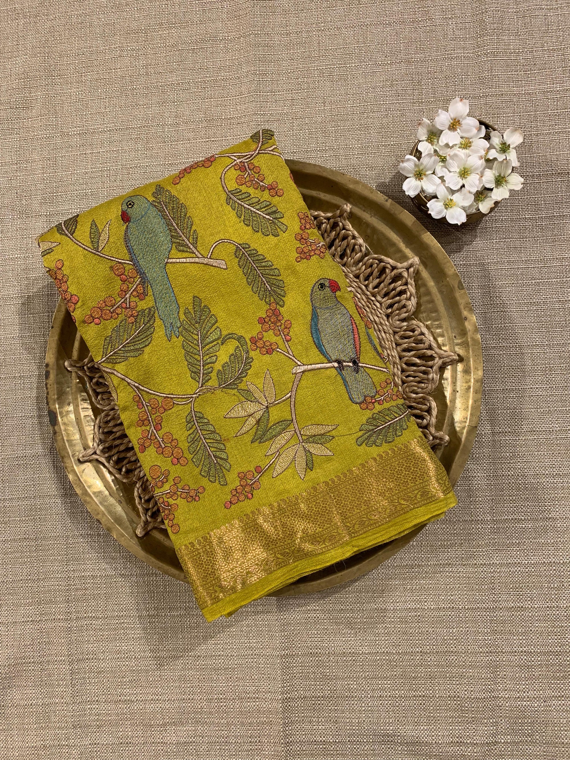 SMSEA114 Lemon Yellow Pure Handloom Munga Silk Saree with allover  Embroidery