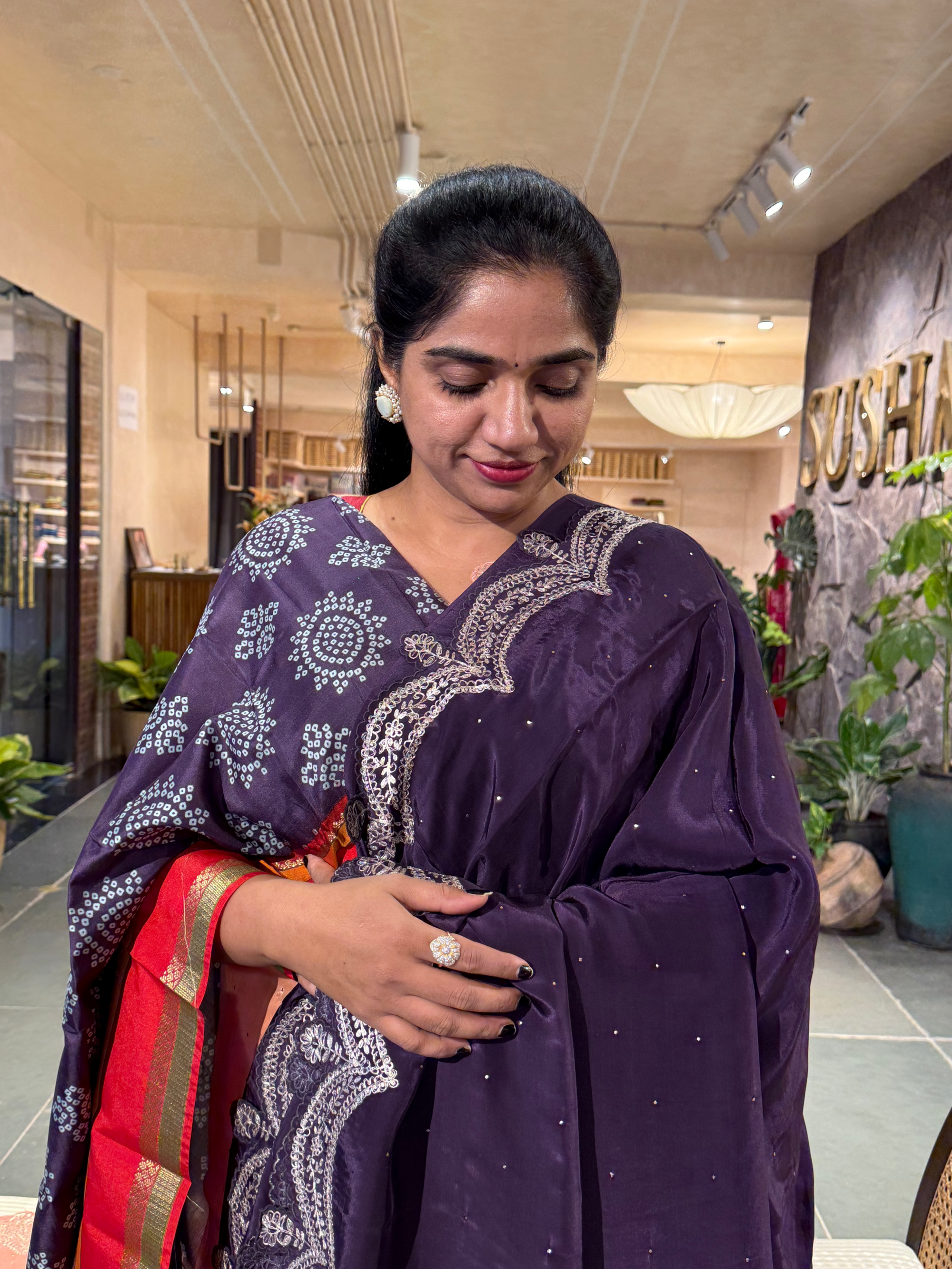 Plum Crepe Silk Saree With Pita Work Scallop Border & Pure Silk Printed Blouse