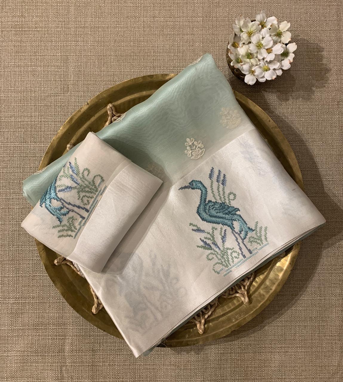 Mint Pure Organza Silk Saree with Petite Point Embriodered Swans Mashru Borders