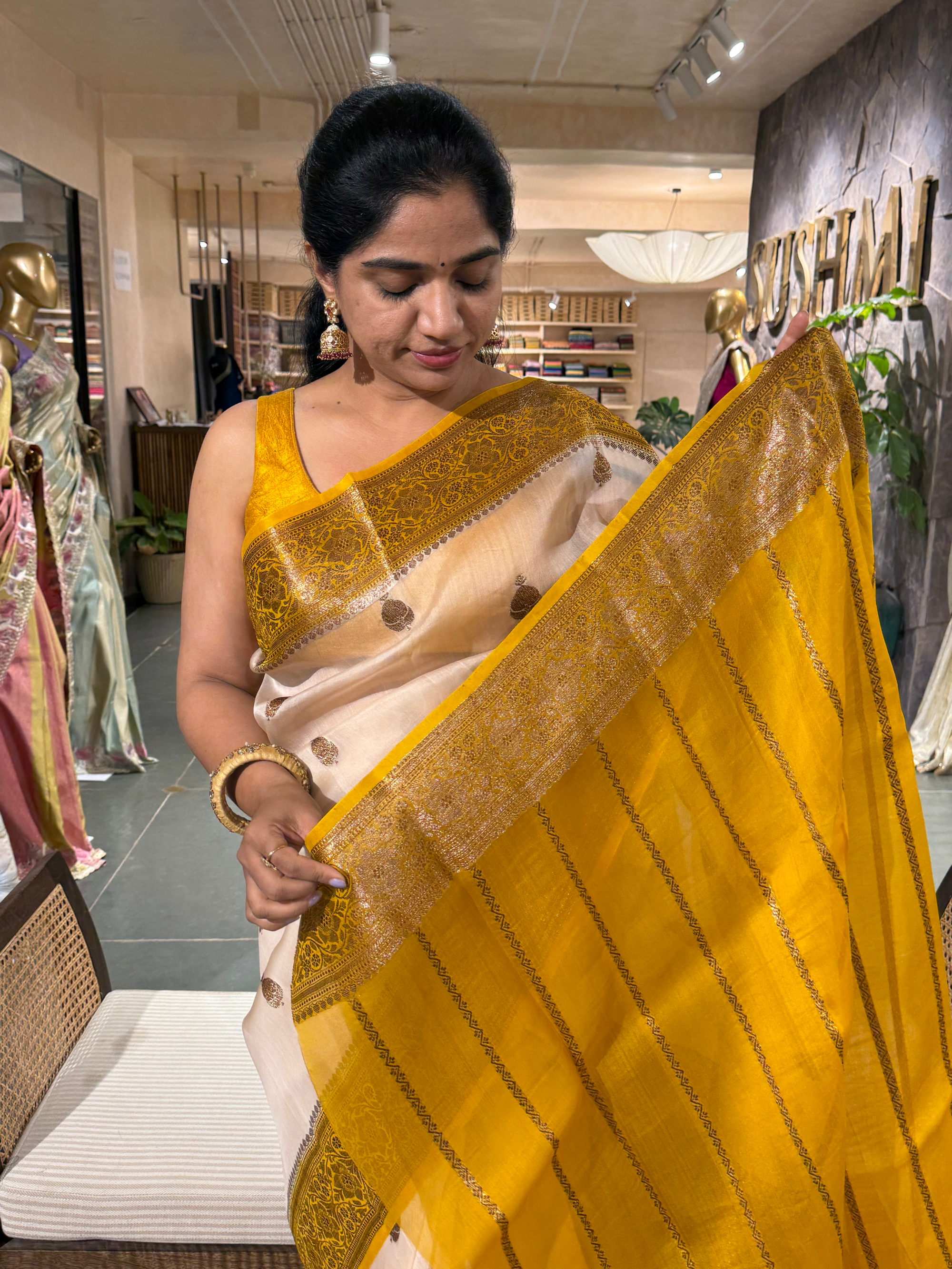 Vanilla and Mustard Combo Pure Handloom Kora Banarasi Saree