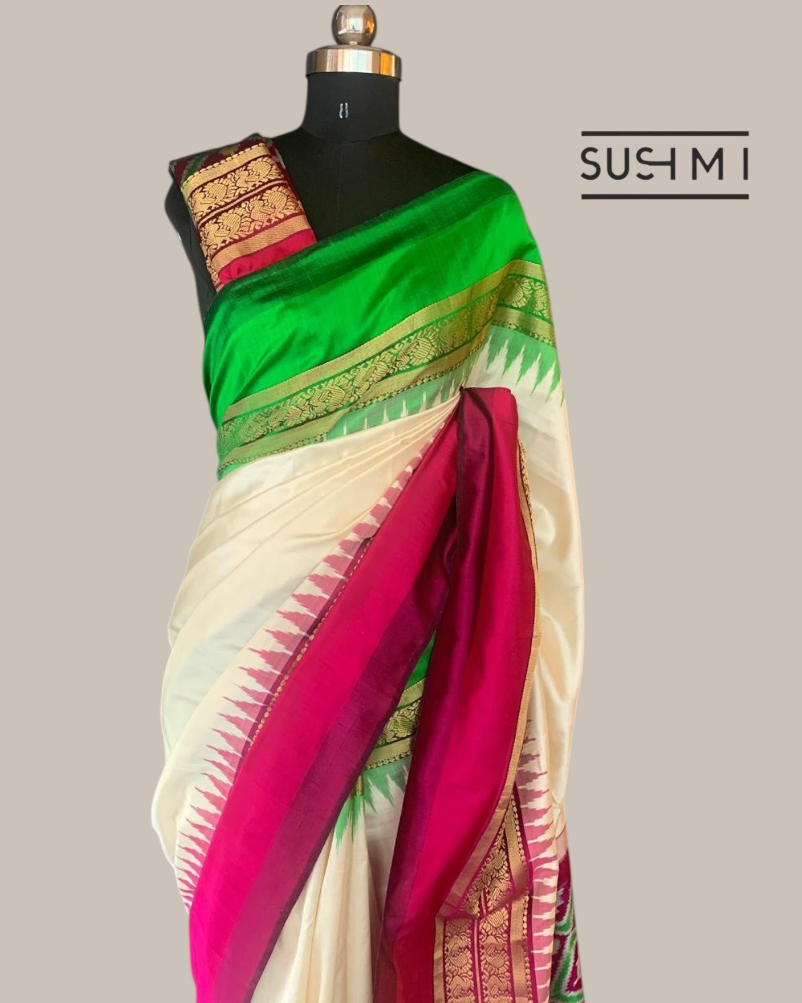 Pure Handloom Twill Ikkath Kanchi Saree With Ganga Jamuna Borders